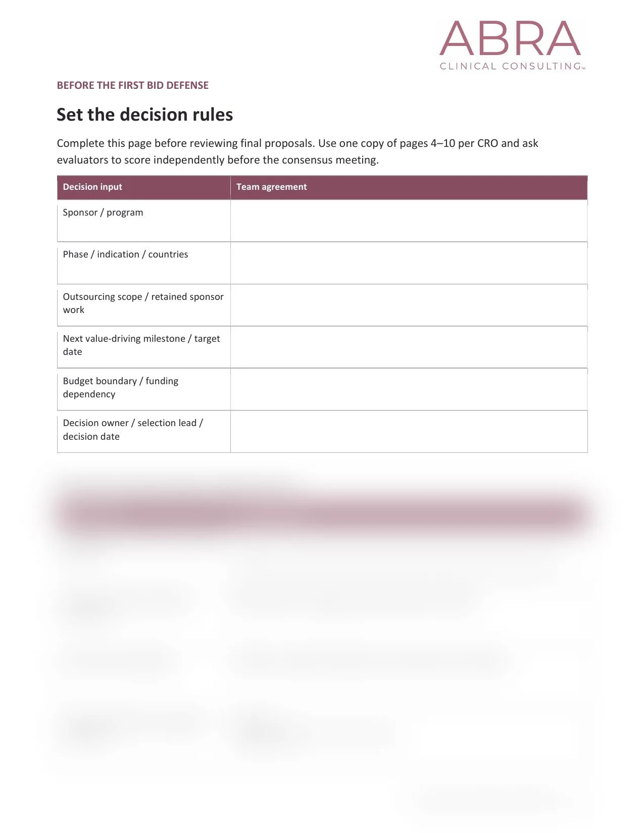 Page 2 of a workbook titled "The Emerging Biopharma CRO Selection Scorecard", partially blurred as exclusive content.