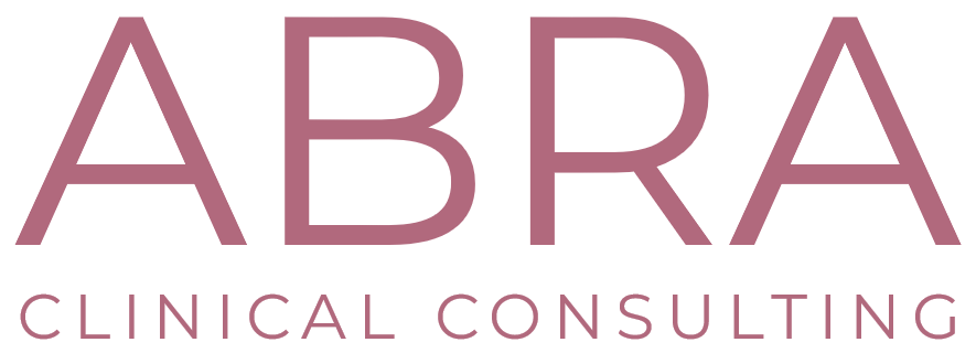 Logo with large text 'ABRA' and smaller text 'Clinical Consulting' underneath in pink on a black background.