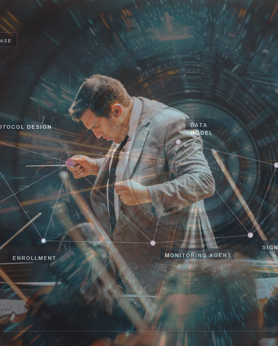 An orchestral conductor with digital science and technology graphics overlay, including terms like 'protocol design,' 'data model,' and 'monitoring agent'.