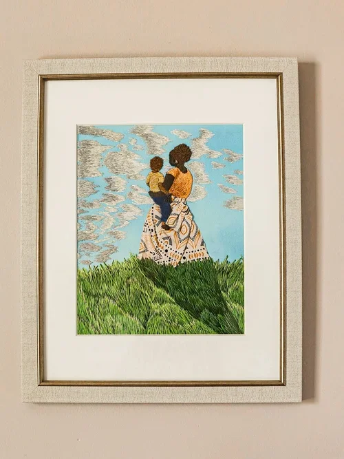 Cherish. Made 2025
Inspired by my observations of watching my son change from toddler to a little boy. Soon, very soon I won’t be able to carry him anymore. I hope I still have a few more years to hold his hand.

Mixed media textile Art. The blue sky