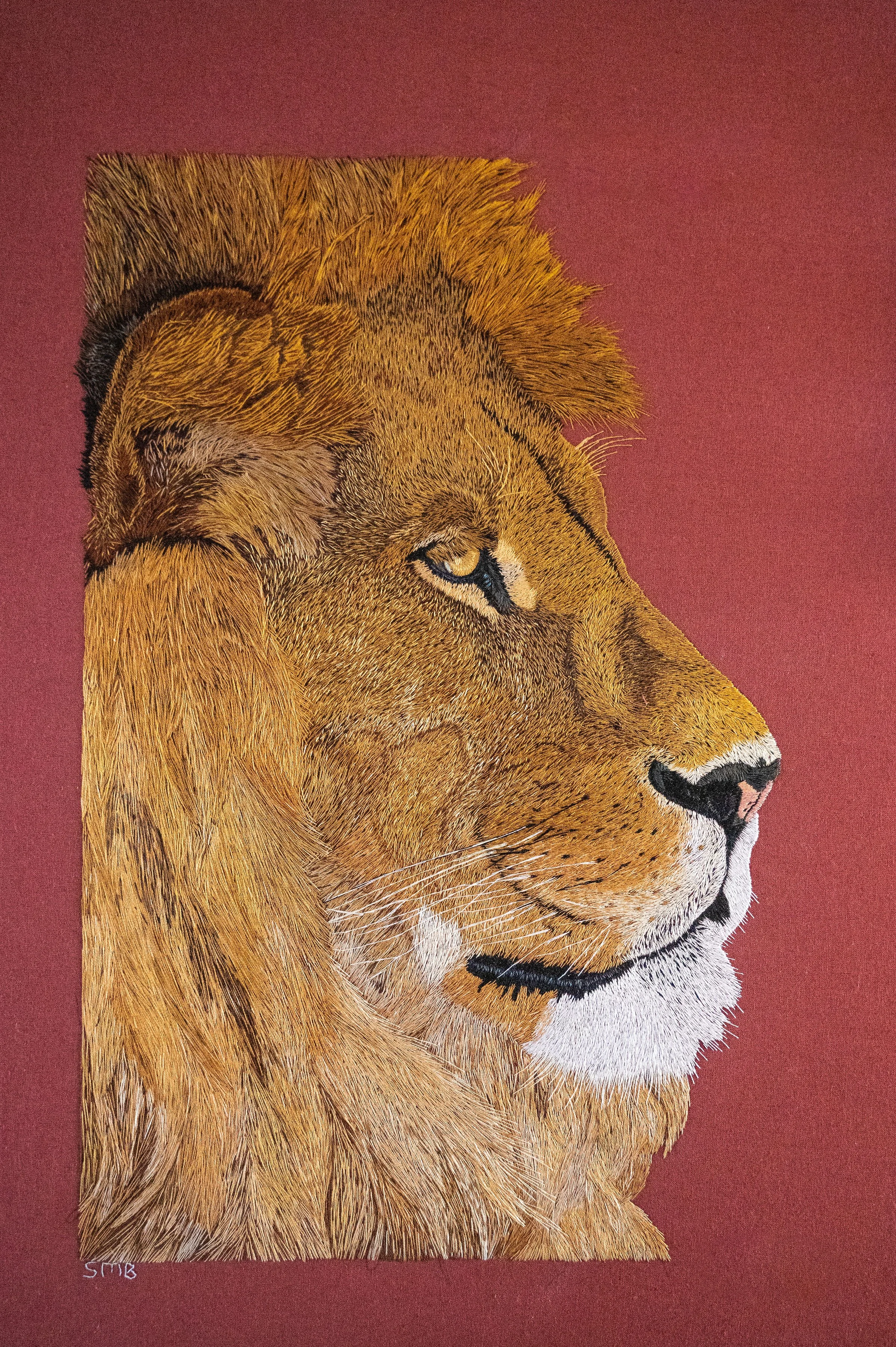A detailed drawing of a lion's profile with a golden mane on a dark red background.