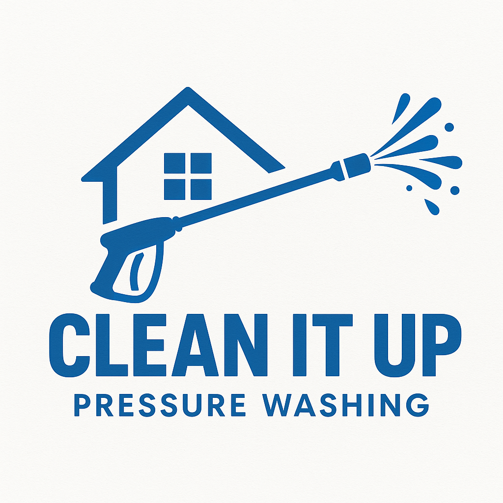 simple blue and white logo for clean it up pressure washing above text has a foaming wand and the outline of an A-frame roof