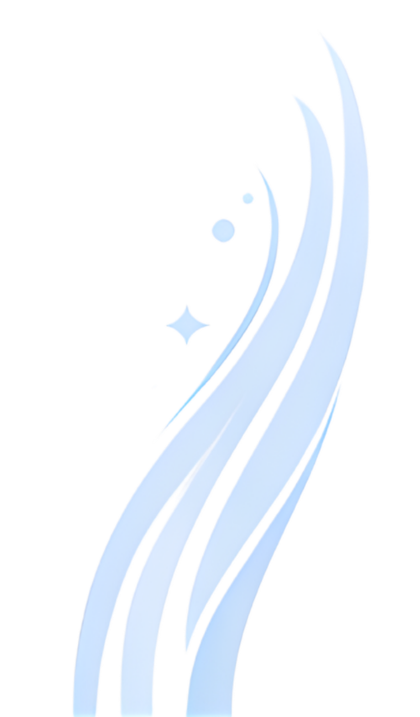 Stylized blue and white abstract design resembling waves or flowing lines with small star and circle accents.