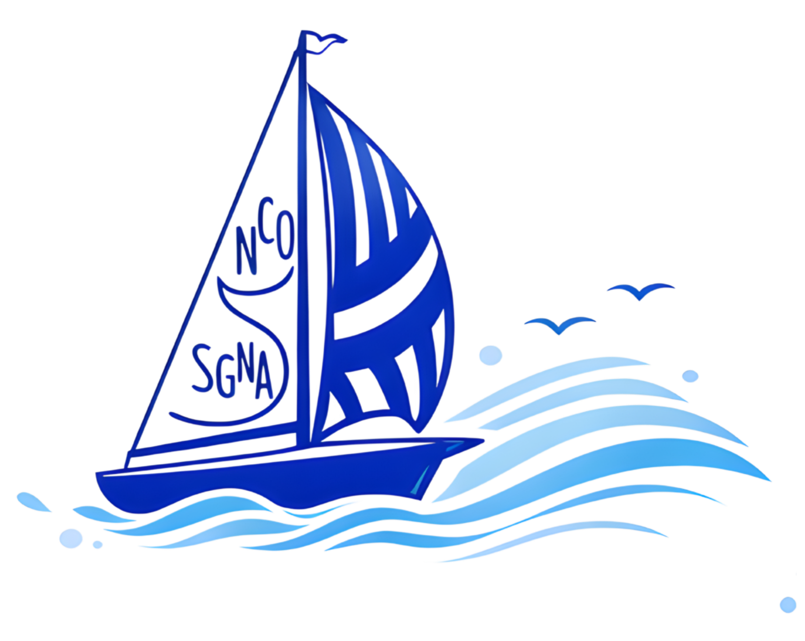 Blue and white sailboat logo with waves and seagulls.