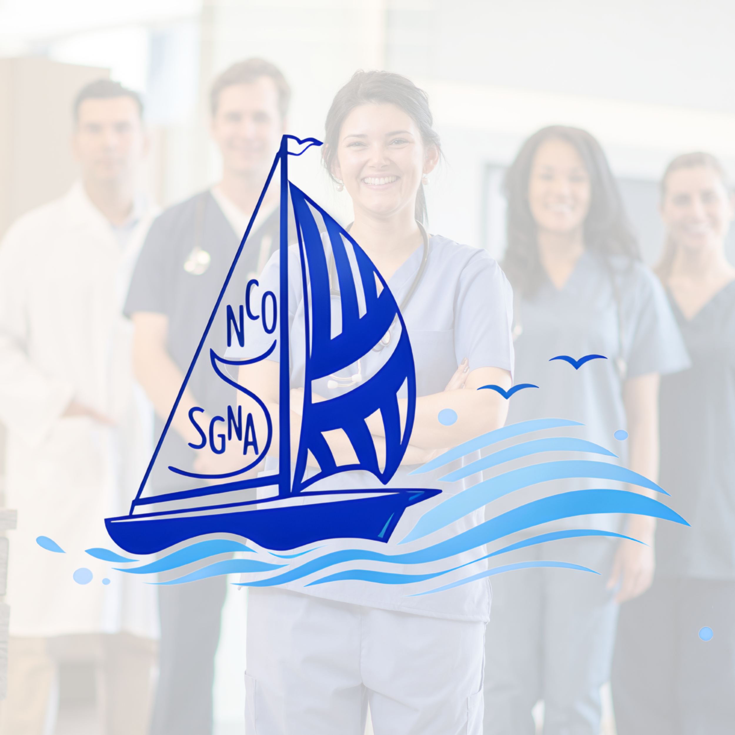 Medical professional or nurse standing with arms crossed in a hospital or clinic, with a graphic illustration of a sailboat and waves overlayed on the image.