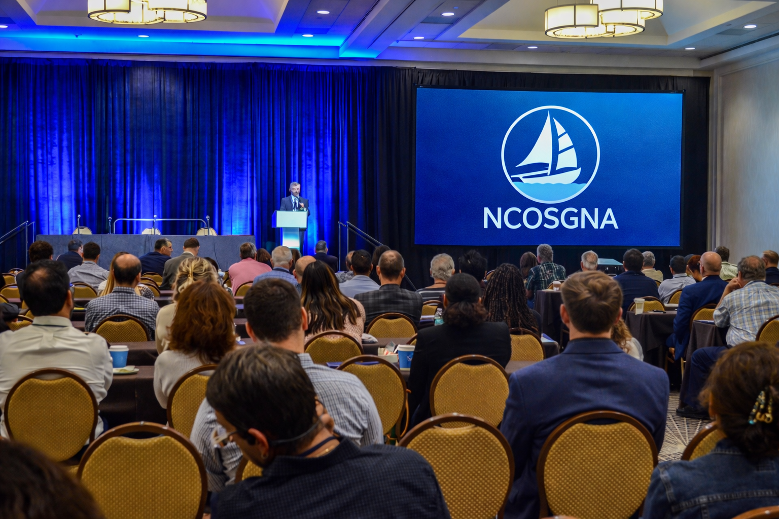 A conference or seminar taking place in a large ballroom with an audience facing a stage with a speaker at a podium. On the right side of the stage, there is a large screen displaying a logo with a sailboat and the text 'NCOSNA'. The room is decorated with blue curtains and modern circular chandeliers hanging from the ceiling.
