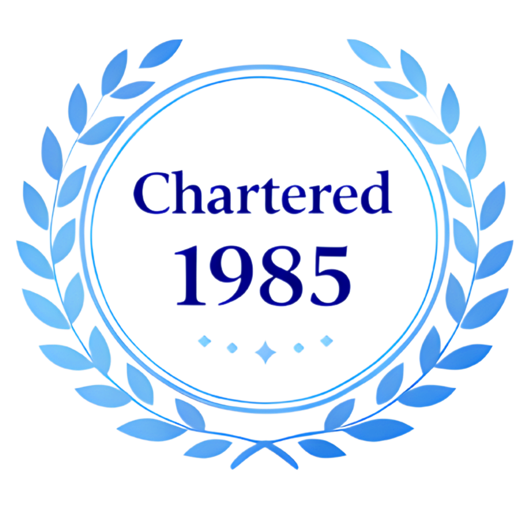 A logo with a blue laurel wreath and text that reads "Chartered 1985" in the center.