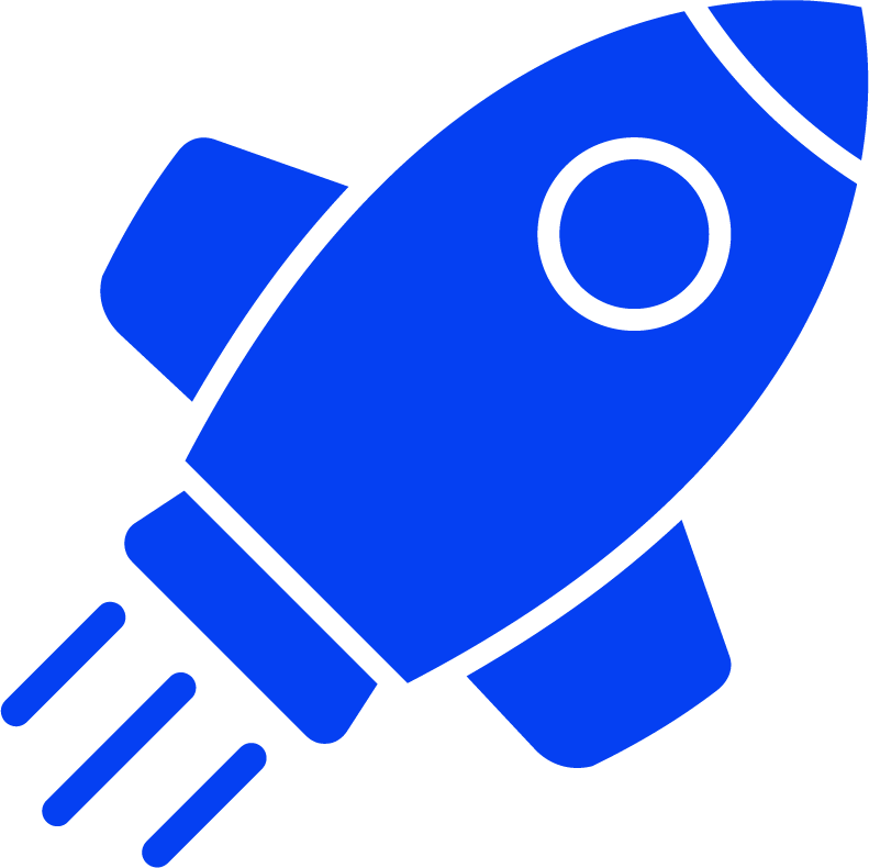 Blue cartoon rocket ship with three trail lines and circular window, pointing upward.