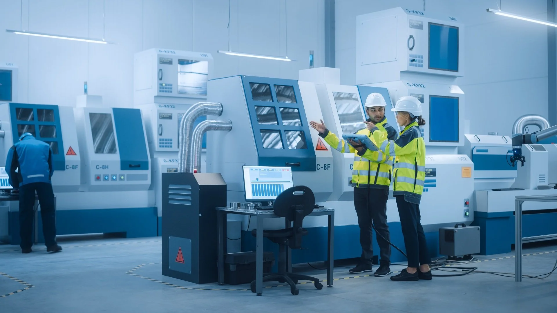 Two workers with safety helmets and reflective vests are discussing in front of industrial machinery in a factory.