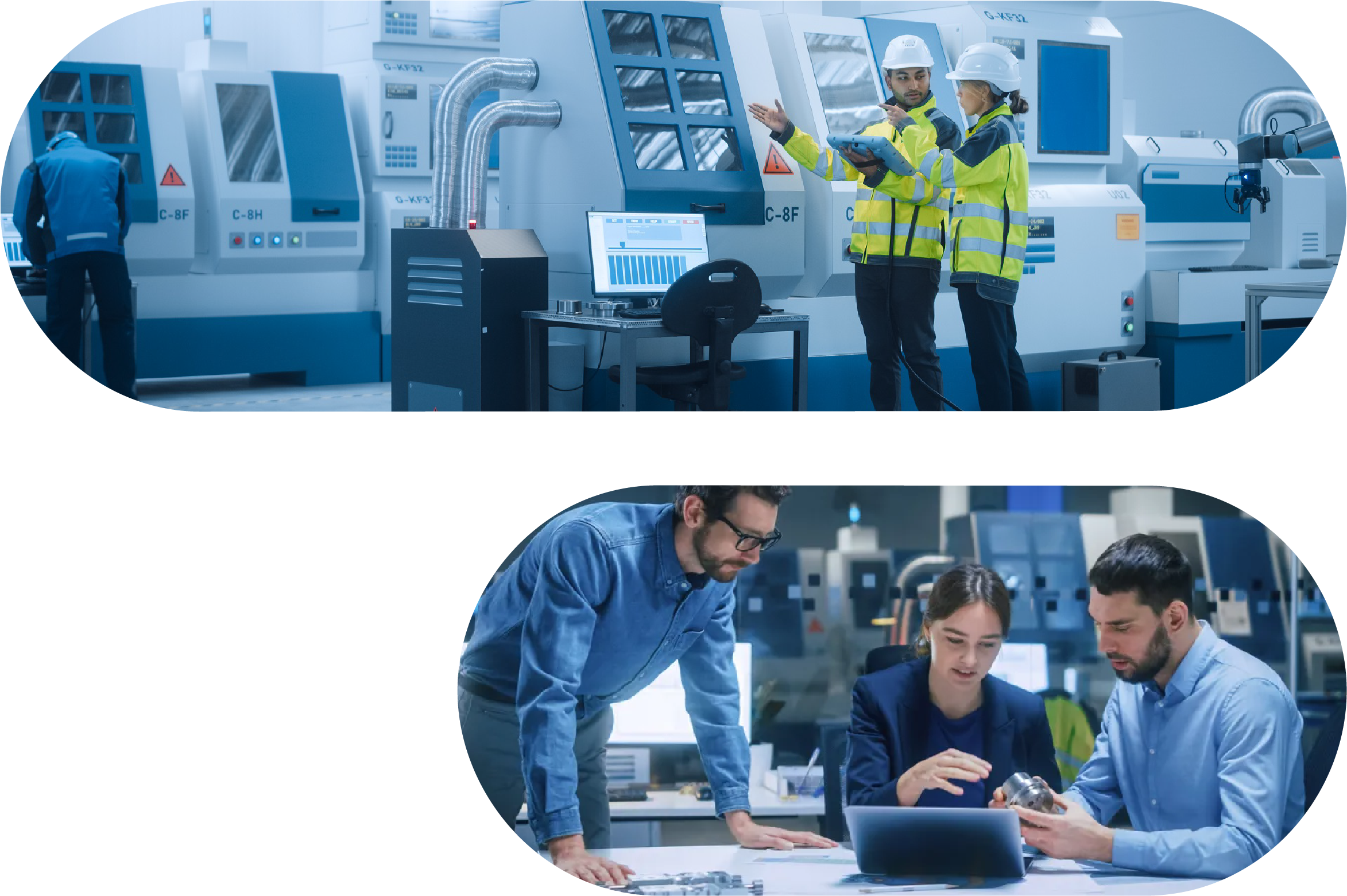 Top part: two workers in safety gear working with advanced manufacturing machinery in an industrial setting. Bottom part: three professionals discussing a metal component in an office or laboratory environment with computer equipment.