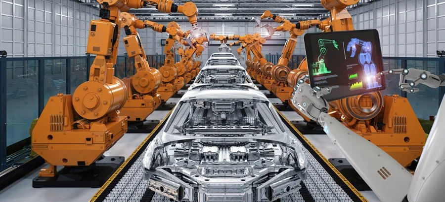 Robotic arms assembling car frames on an automotive production line with a robotic hand holding a digital tablet showing car schematics.