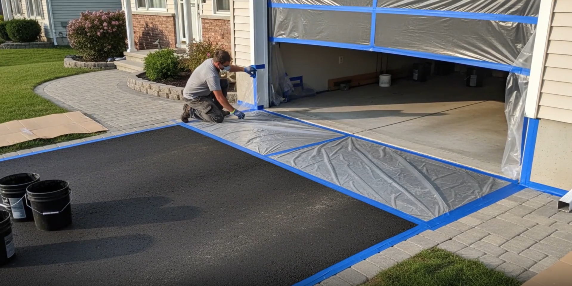 Professional driveway sealcoating in Vernon Hills Illinois. Protecting the edges of home and ensuring proper surface preparation. Driveway has crack repair and sealcoat. Chicago Asphalt Company