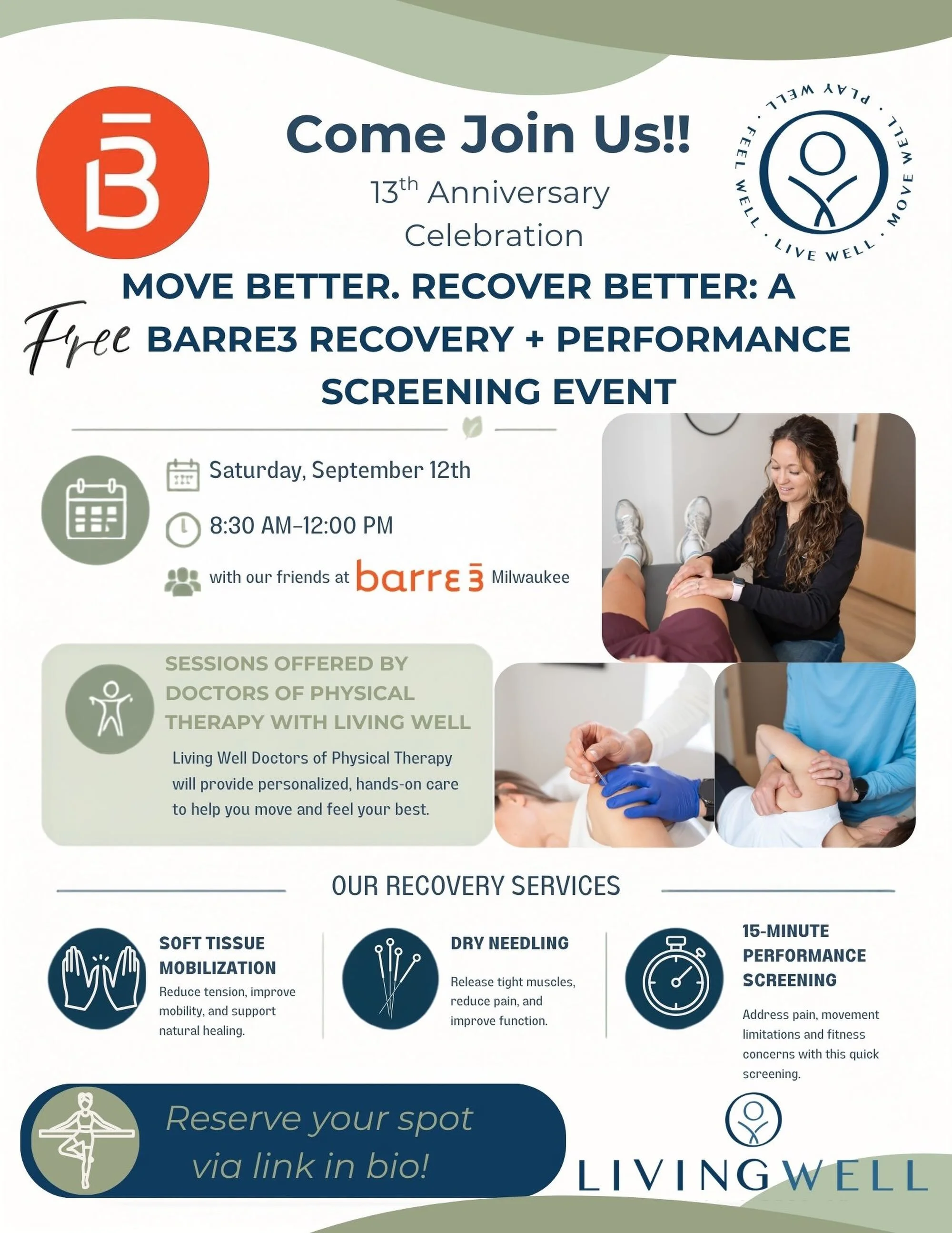 YOUR RECOVERY. YOUR ADVENTURE. 

We&rsquo;re celebrating barre3 Milwaukee&rsquo;s 13th anniversary with a morning dedicated to moving, recovering &amp; feeling your best! 🎉

Choose what your body needs most:

- FREE Recovery Session &mdash; soft tis