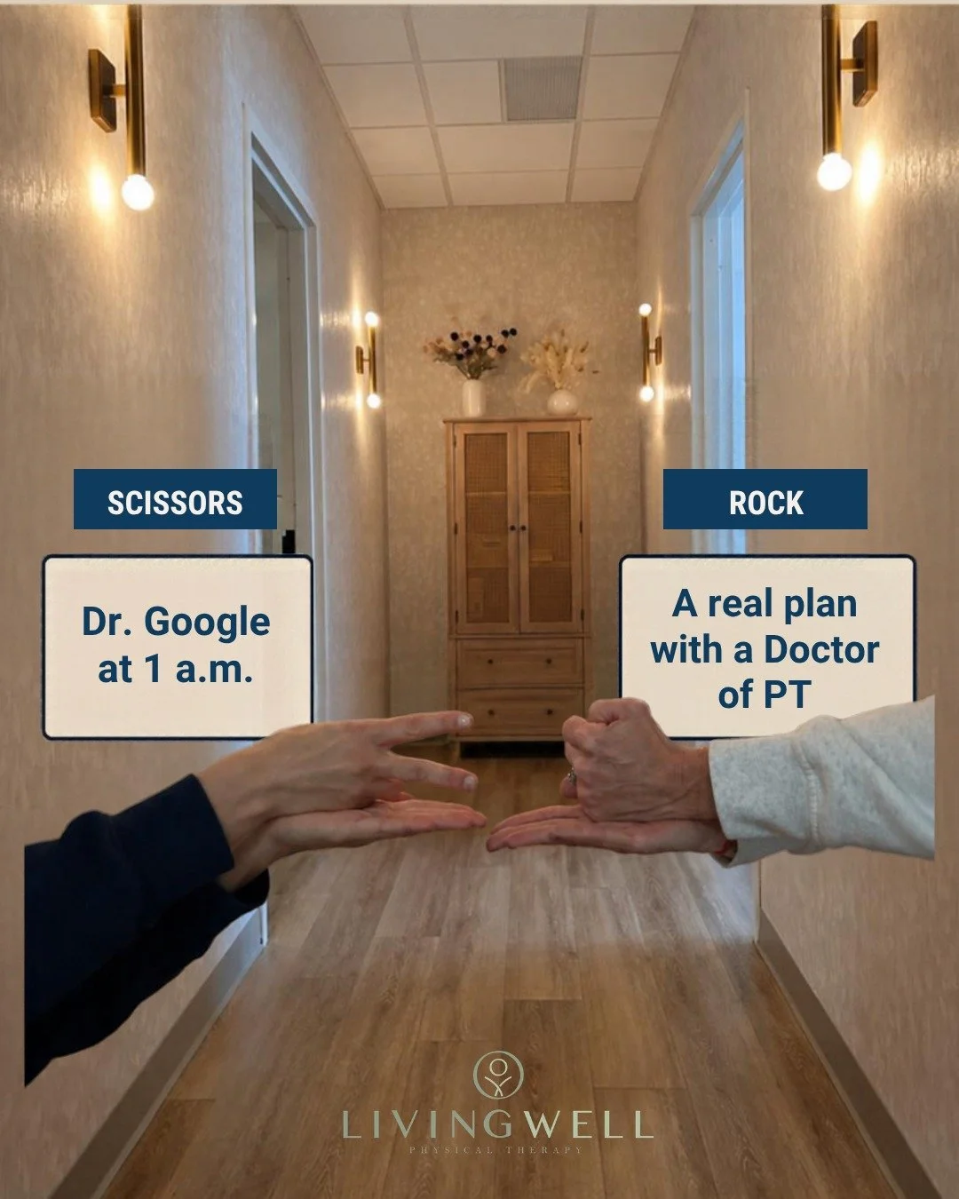 Rock. Paper. Scissors.

Some decisions are easy. 

Waiting until you're injured? 
Not our favorite strategy.

Getting out of pain and stopping there? We're thinking bigger.

Doing the same exercises as everyone else? 
Your body deserves a better plan
