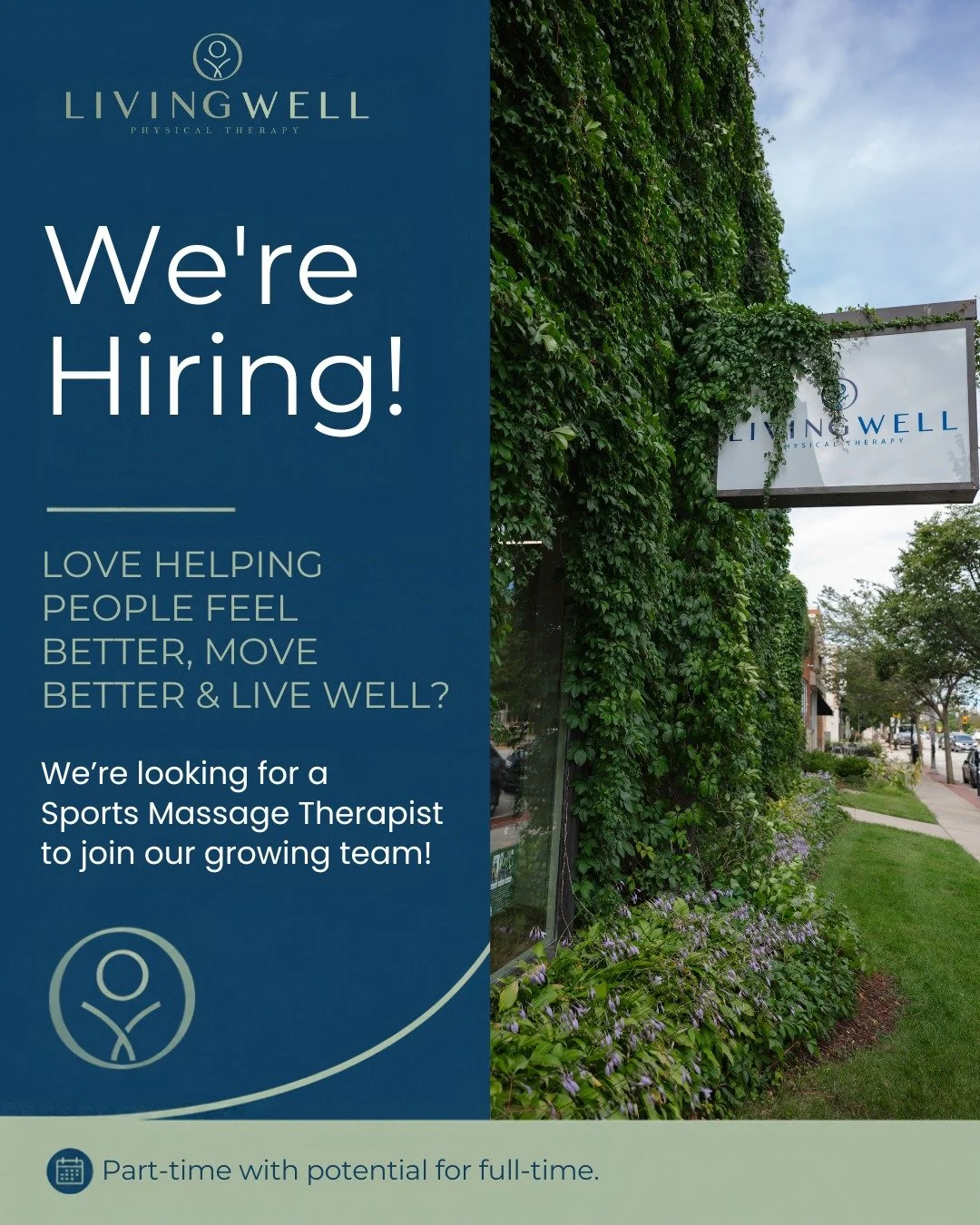 We're hiring! Know a massage therapist who would be a great fit for our team?

At Living Well Physical Therapy &amp; Performance, we believe great care goes beyond temporary relief. It's about helping people recover, move better, feel their best, and