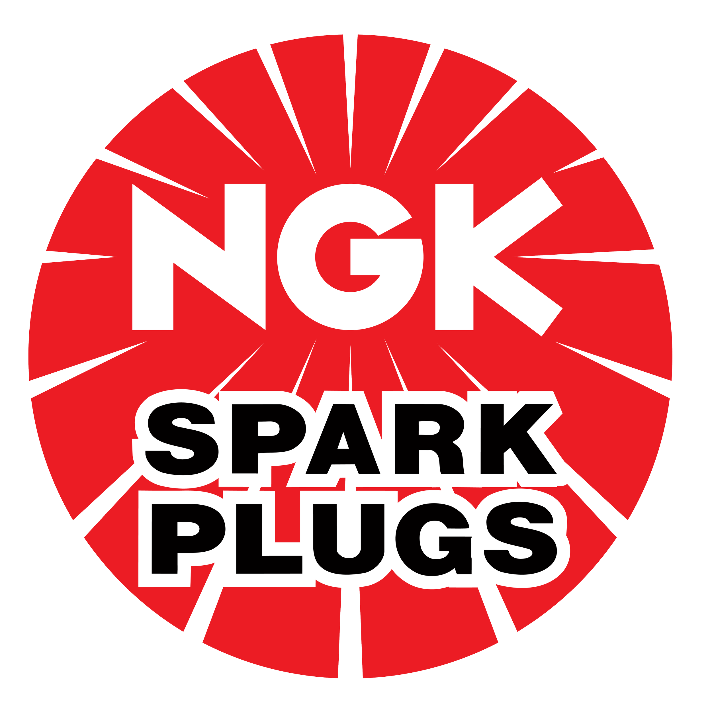 Red circular sticker with bold white text reading 'NO, NO, NO, SPARKS, PLUGS' surrounded by black cracks.
