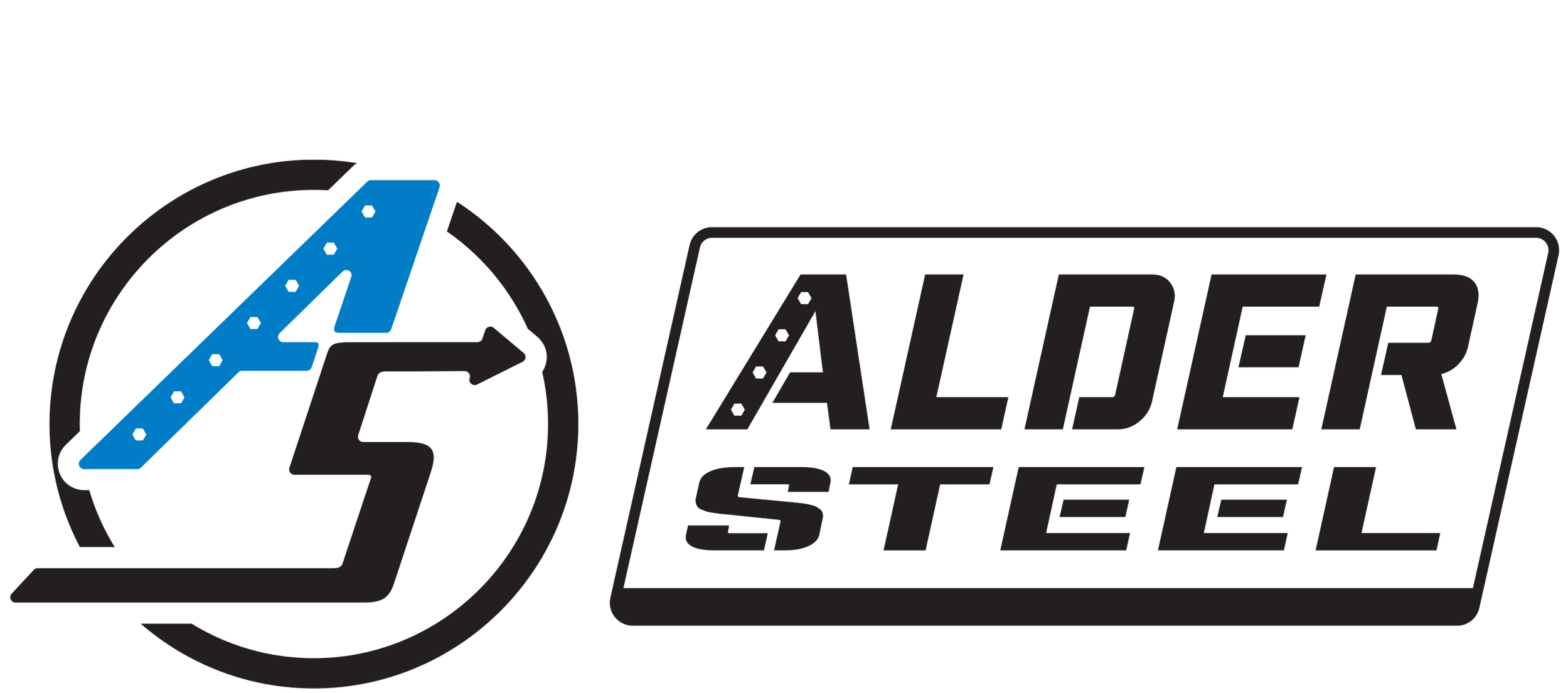 Logo with a stylized letter 'A' in blue and black, and the words 'ALDER STEEL' in bold black letters.