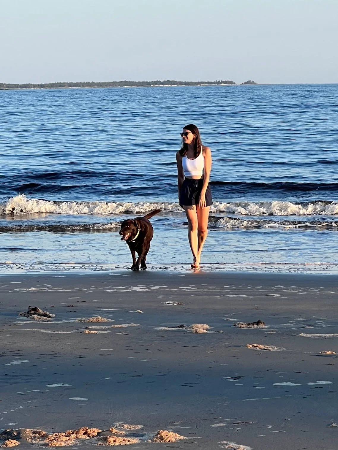 Julie Carrigan owner of Carrigan Events walking with her chocolate lab along the beach in Nova Scotia