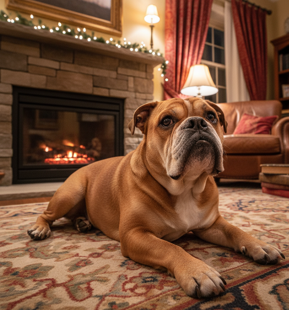 A bulldog lying on a patterned rug in front of a lit fireplace in a cozy living room, with a mirror, lamps, and curtains in the background.