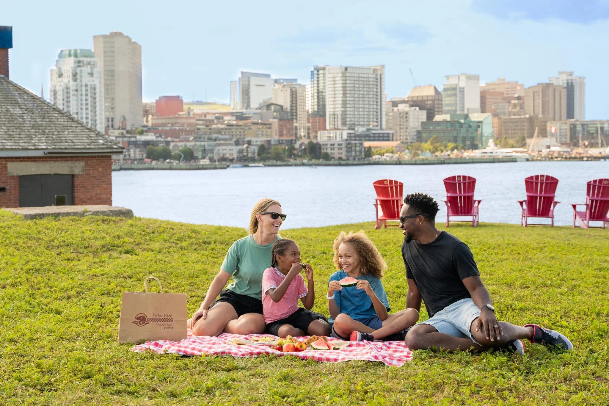 A family having a picnic on a grassy area near a water with a city skyline in the background. They are sitting on a red and white checkered blanket, enjoying food and each other's company, with red Adirondack chairs and a picnic bag nearby.