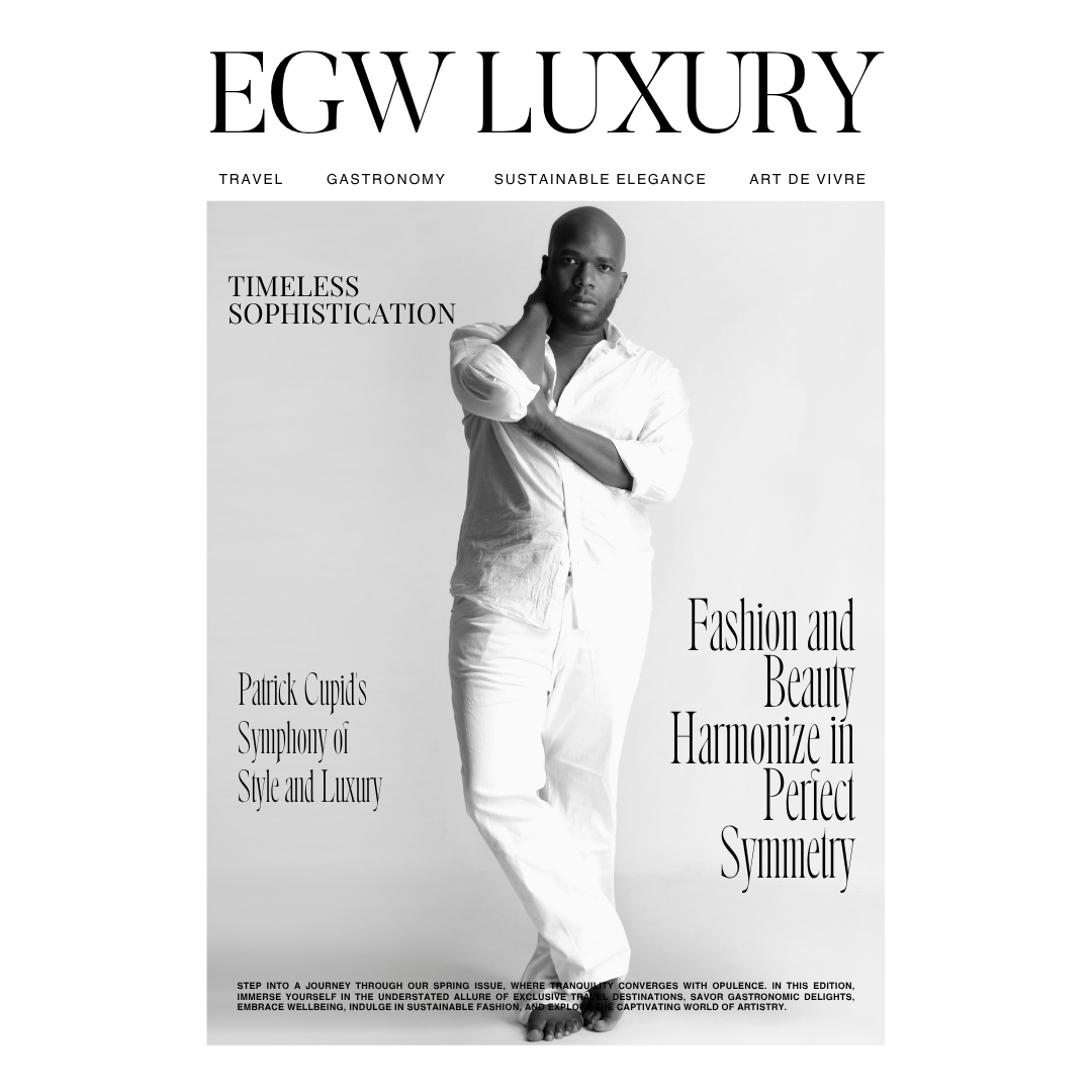 Black-and-white magazine cover titled "EGW Luxury" featuring a shirtless man with one hand on his face and the other on his neck, wearing white pants and a white shirt.
