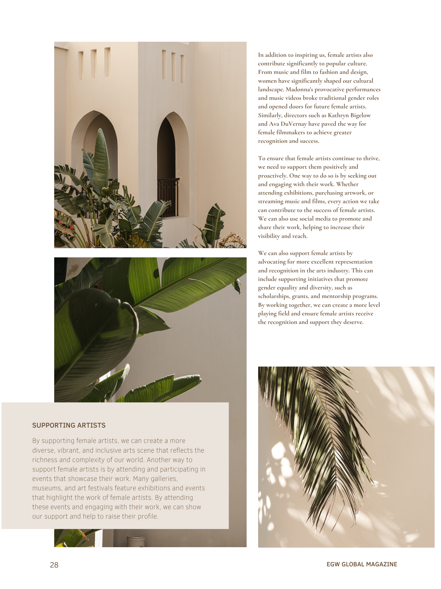 Magazine page with text discussing female artists and supporting their recognition, alongside a photograph of tropical plants and an architectural structure with arches and small windows.