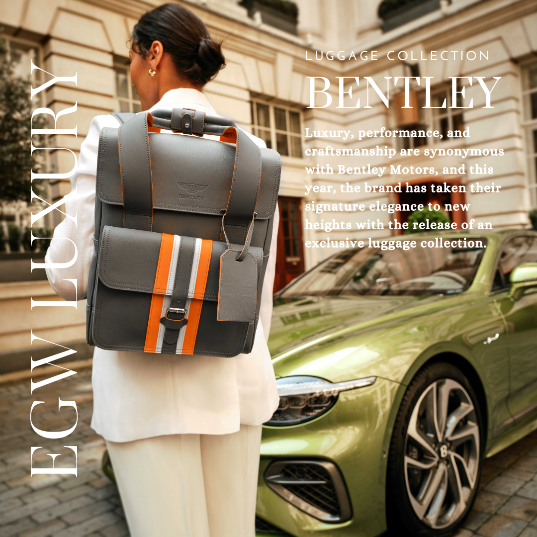 A woman in a white suit carrying a gray Bentley-branded backpack with orange and gray straps, standing in front of a green luxury car and elegant building.