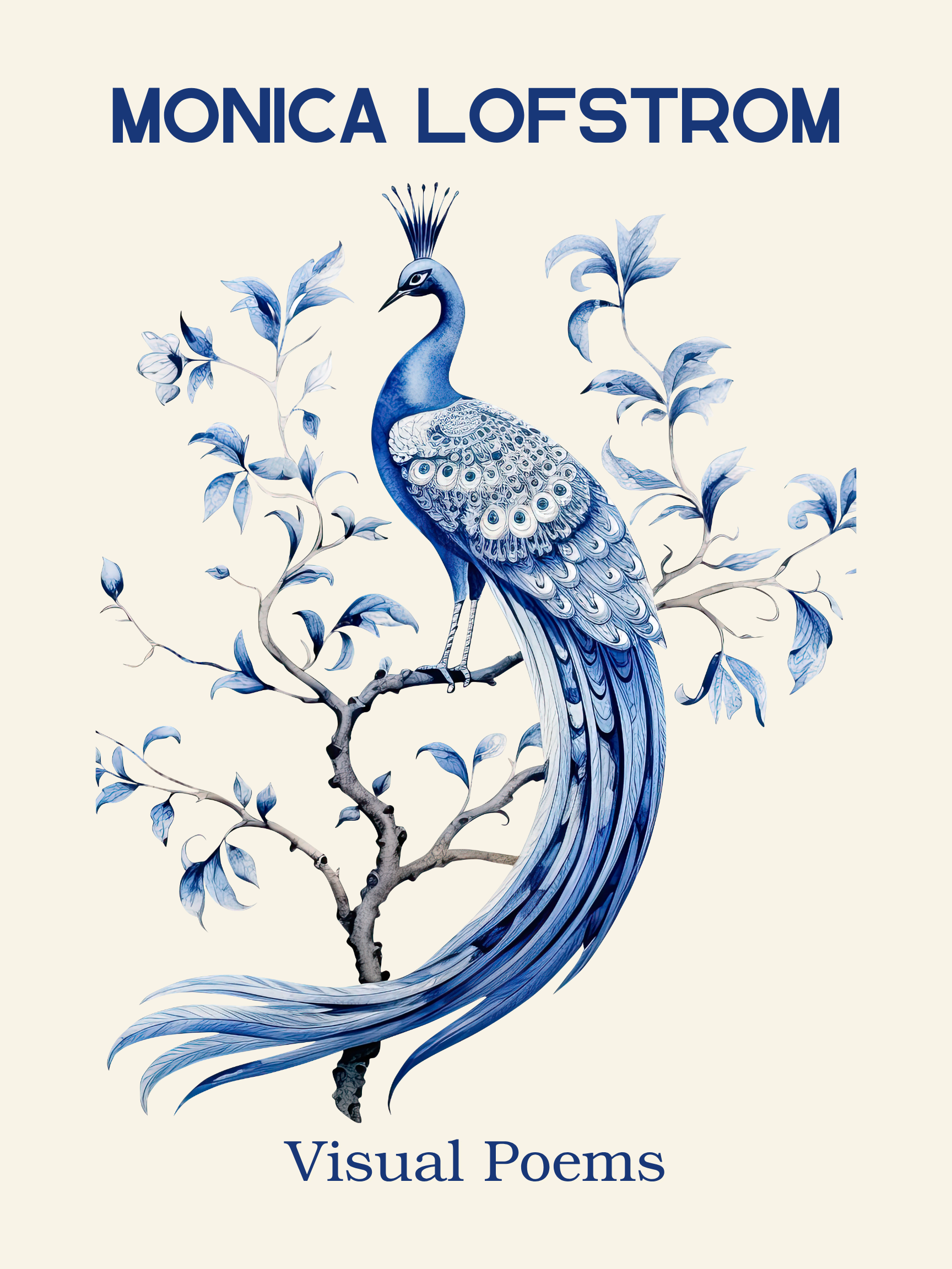 Book cover titled "Monica Lofstrom" featuring a blue and white peacock perched on a branch with blue leaves, with the subtitle "Visual Poems".