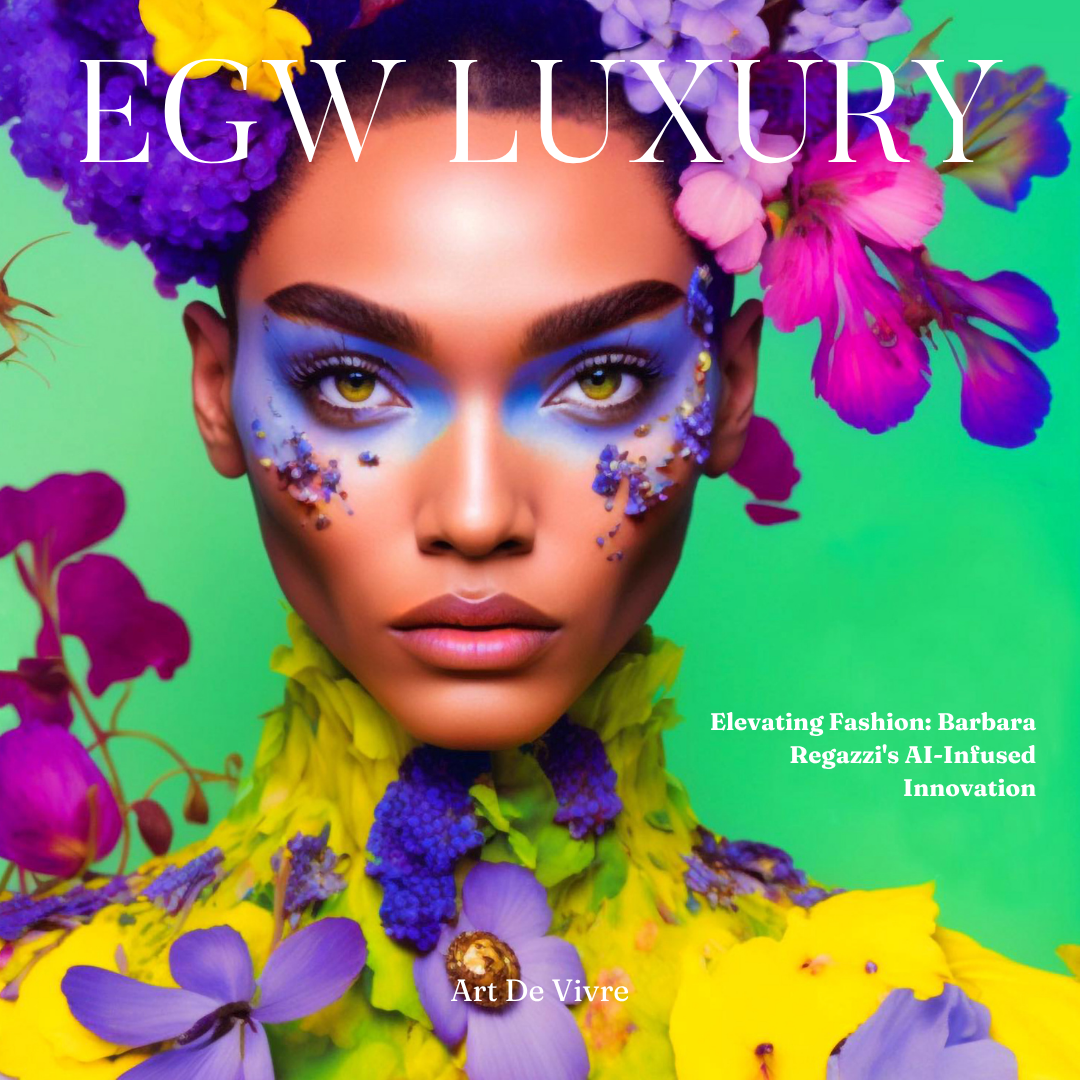 Close-up of a woman with colorful floral makeup and flowers in her hair on the cover of EGW Luxury magazine, with text about fashion and innovation.