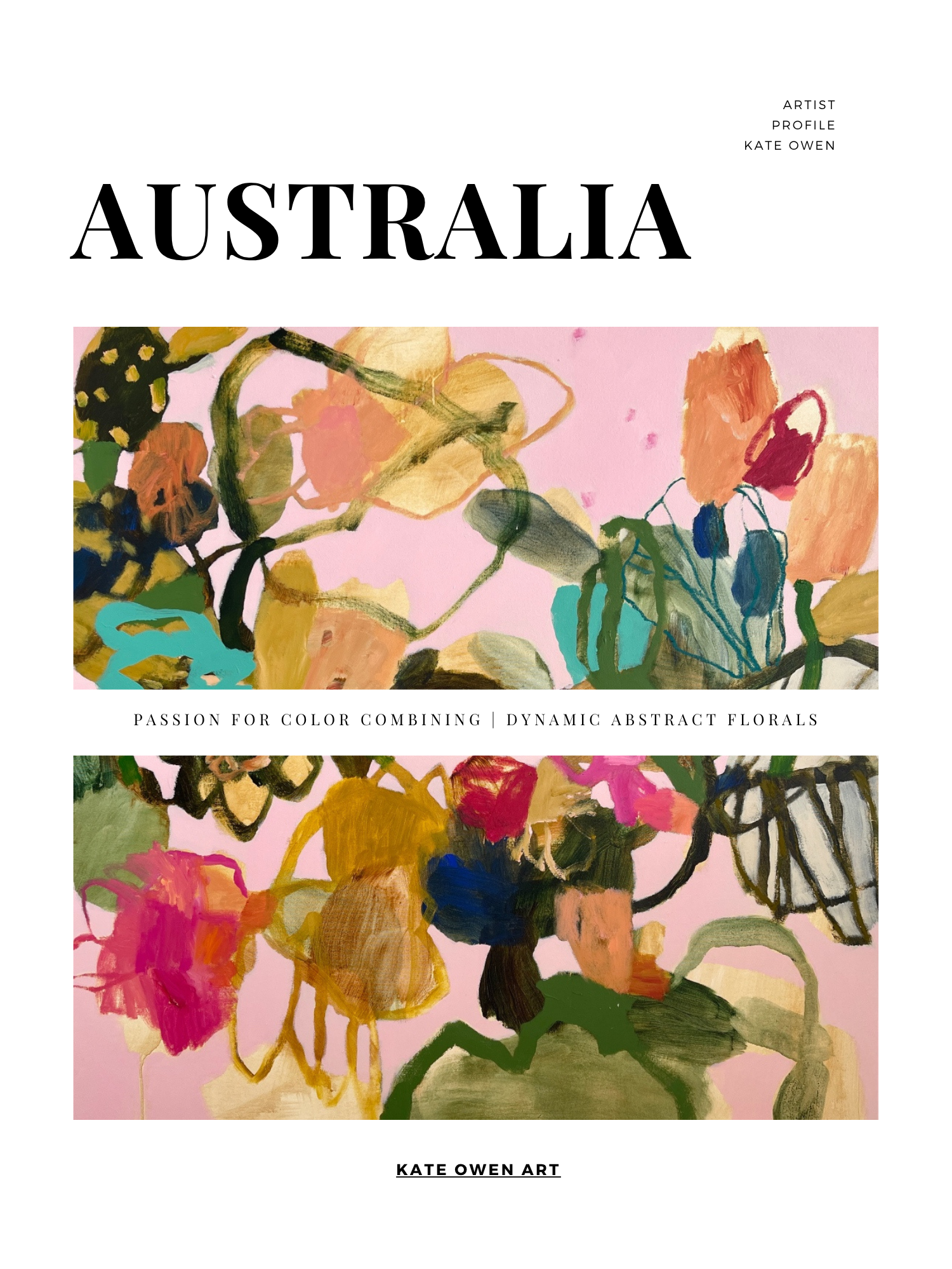 Book cover titled 'Australia' featuring abstract floral artwork in pink, yellow, green, and other colors with the subtitle 'Passion for color combining | dynamic abstract florals' and artist Kate Owen.