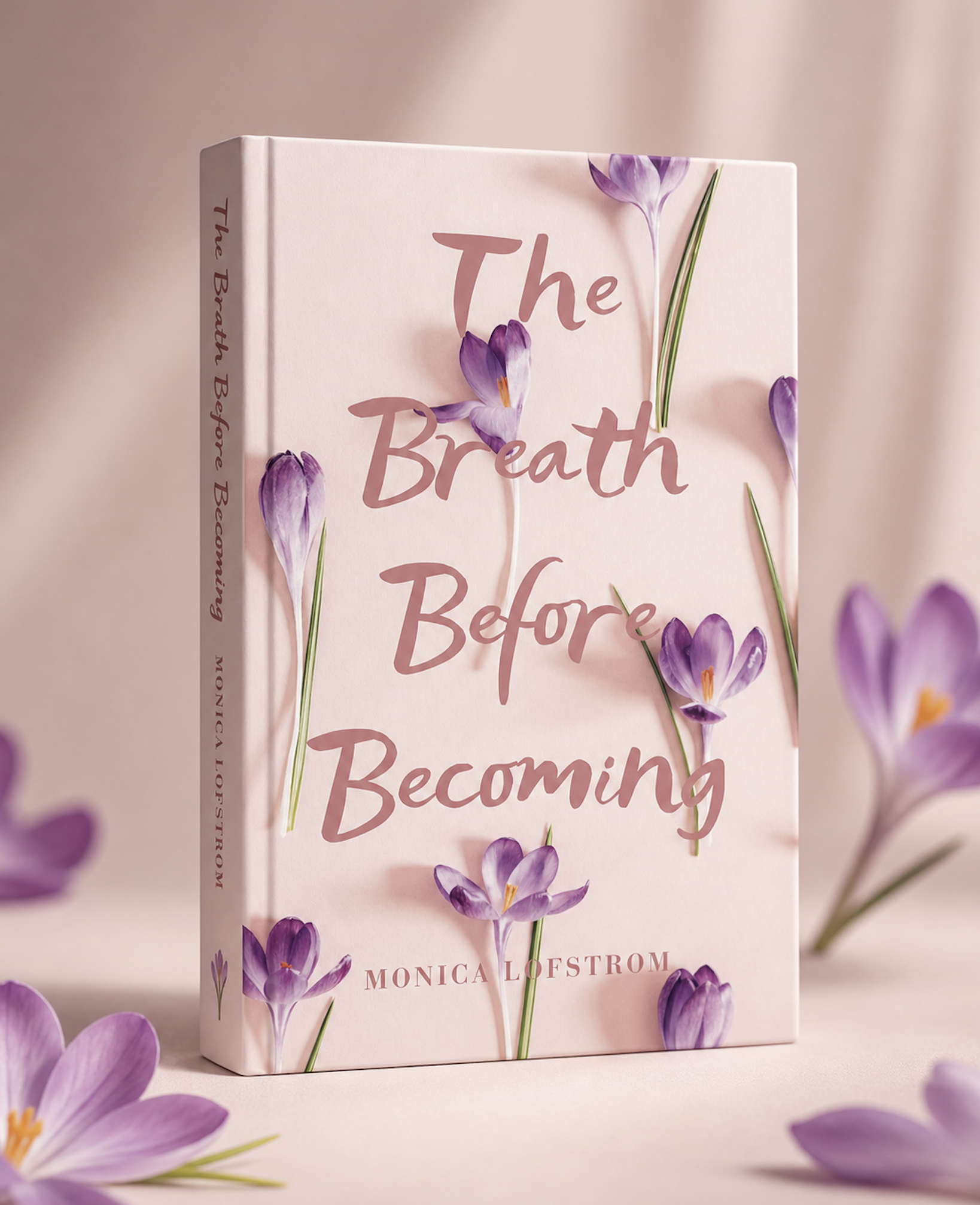 A pink book titled "The Breath Before" by Monica Loestrom is surrounded by purple crocus flowers on a pink background.