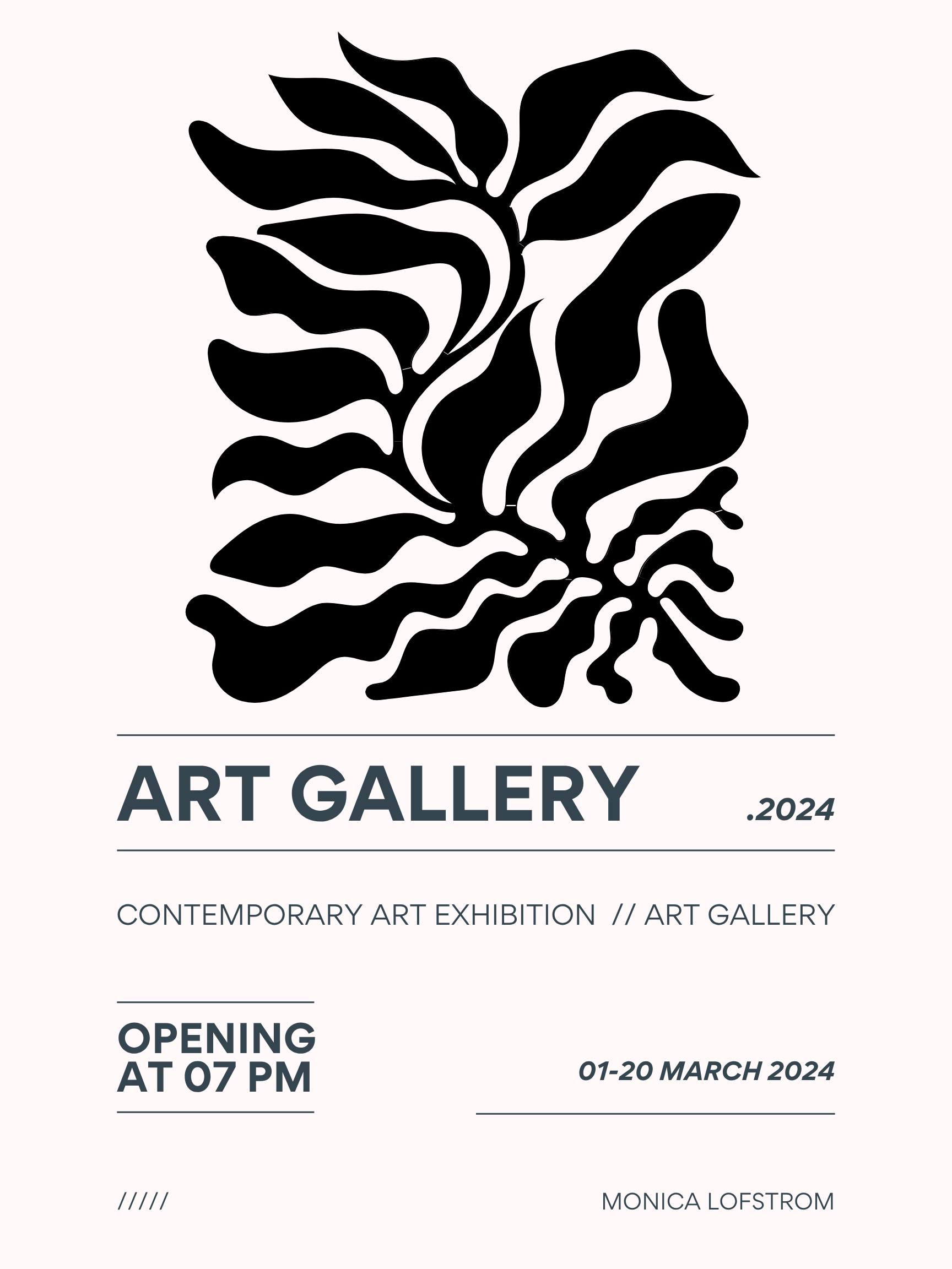 Poster for Art Gallery 2024 contemporary art exhibition, features a stylized black abstract plant or leaf design on a white background, with event dates March 1-20, 2024, and open at 7 PM.