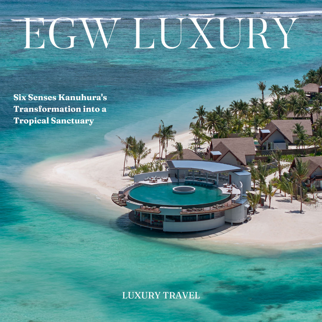 Aerial view of a luxurious tropical resort on a small island with overwater bungalows, a round infinity pool, and palm trees, surrounded by turquoise ocean water.