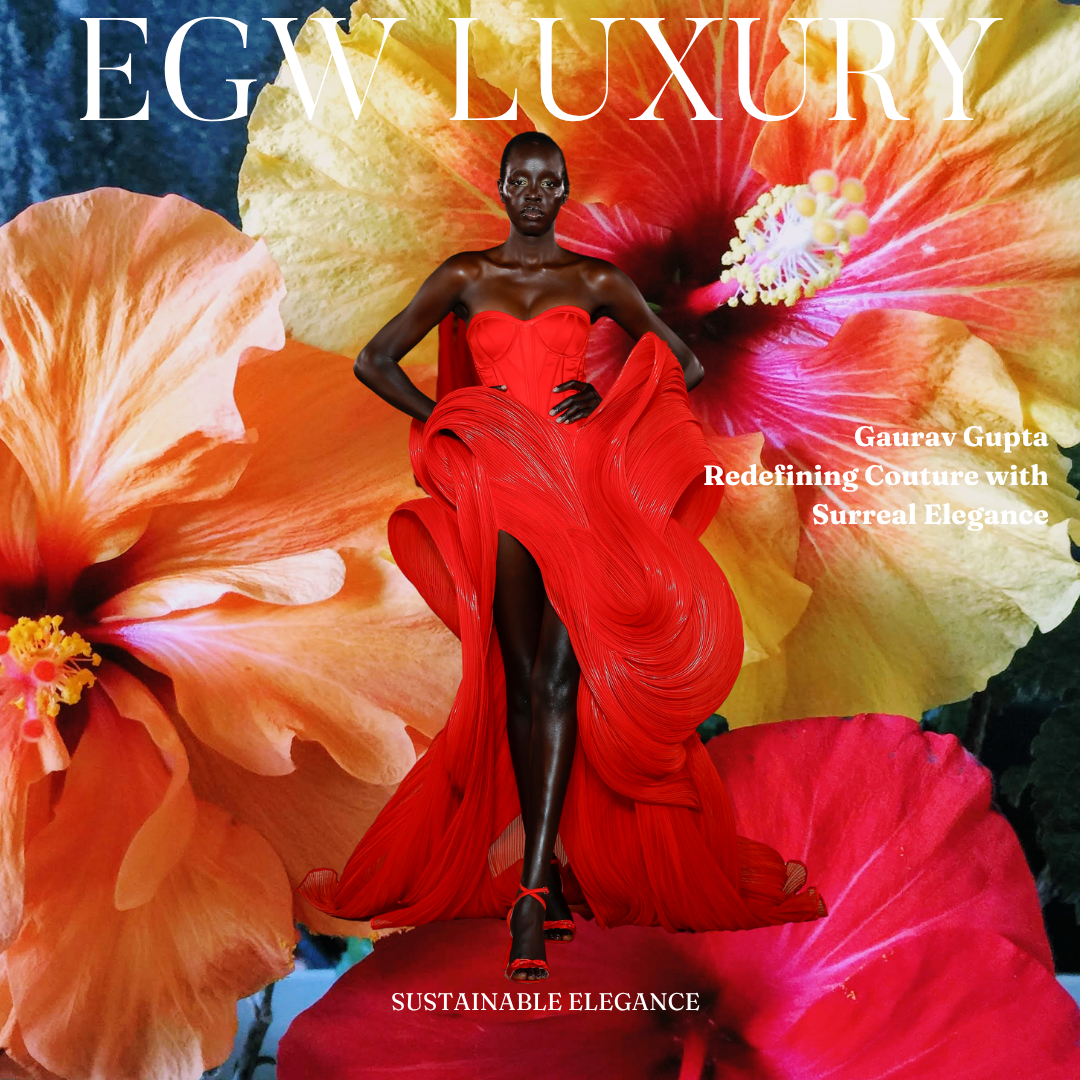 A magazine cover titled EGW LUXURY featuring a woman in a striking red couture dress with a surreal background of large colorful hibiscus flowers. The woman has dark skin and a confident pose. Text on the cover includes Gaurav Gupta, Redefining Coutu