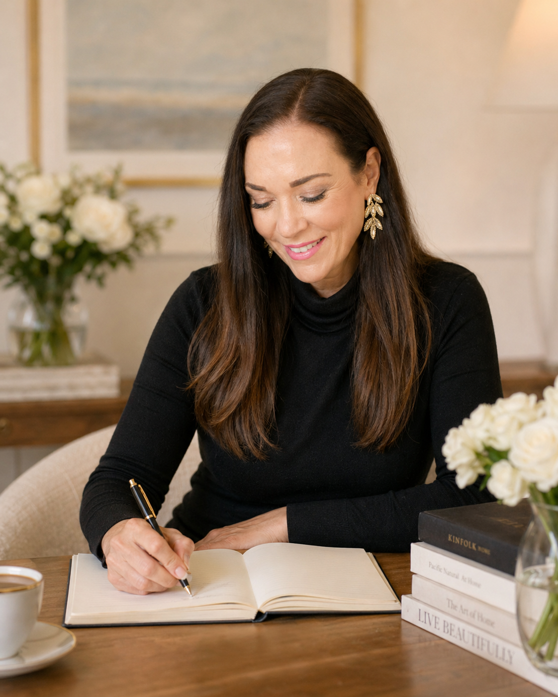 Monica Lofstrom, sitting at a table and writing in a notebook with a pen. There are books stacked, a teacup, and a vase with white flowers on the table, with a floral painting and a flower arrangement in the background.