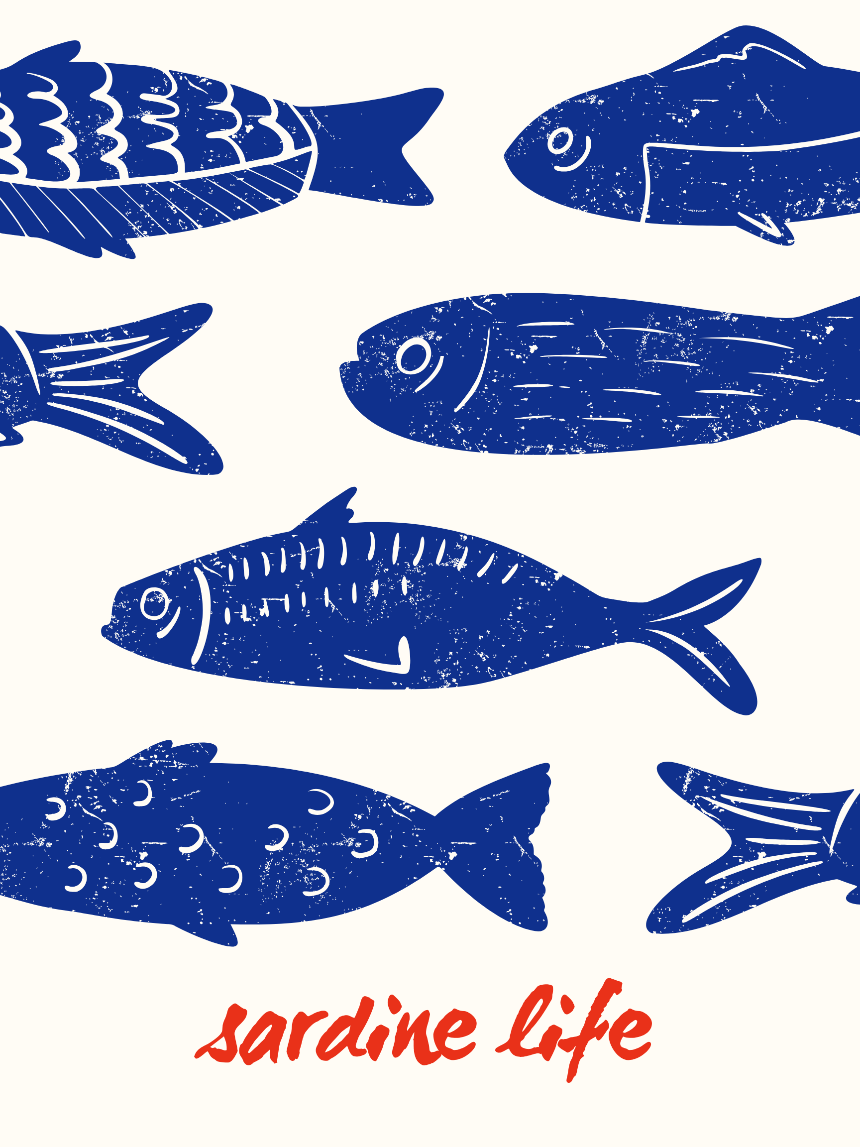 Illustration of blue sardines with the words "sardine life" written in red text.