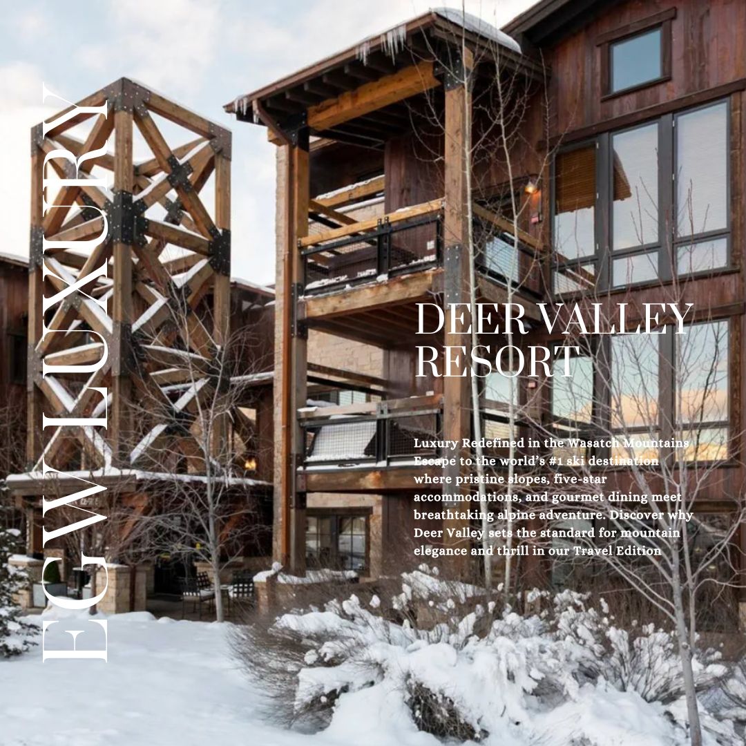 A wooden resort building in a snowy mountain landscape with leafless trees and a decorative wooden structure resembling a tower, featuring large windows and balconies.