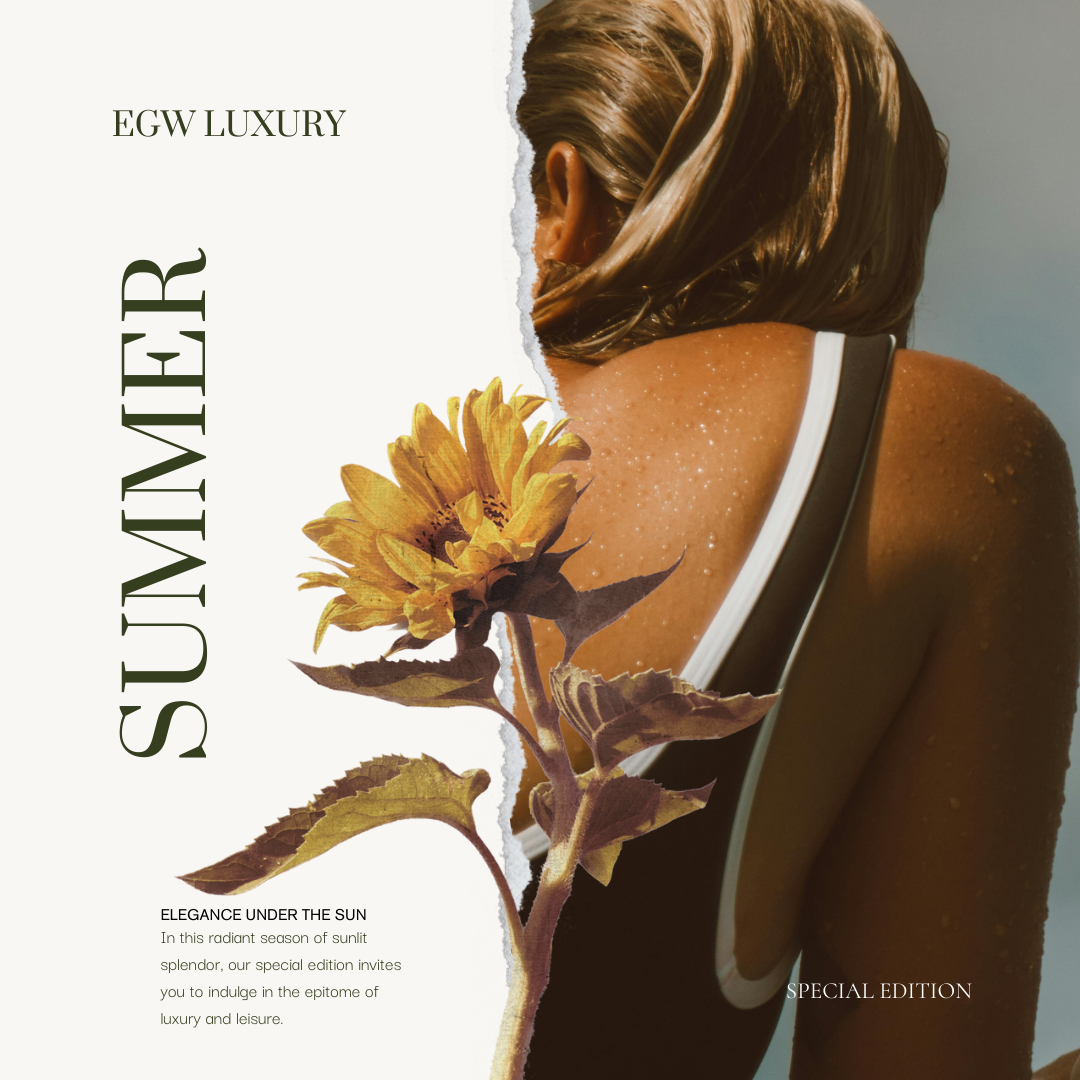 Summer-themed advertisement for skin or sun products, showing a woman with glistening skin and a sunflower overlay, with text promoting luxury sun exposure and leisure.
