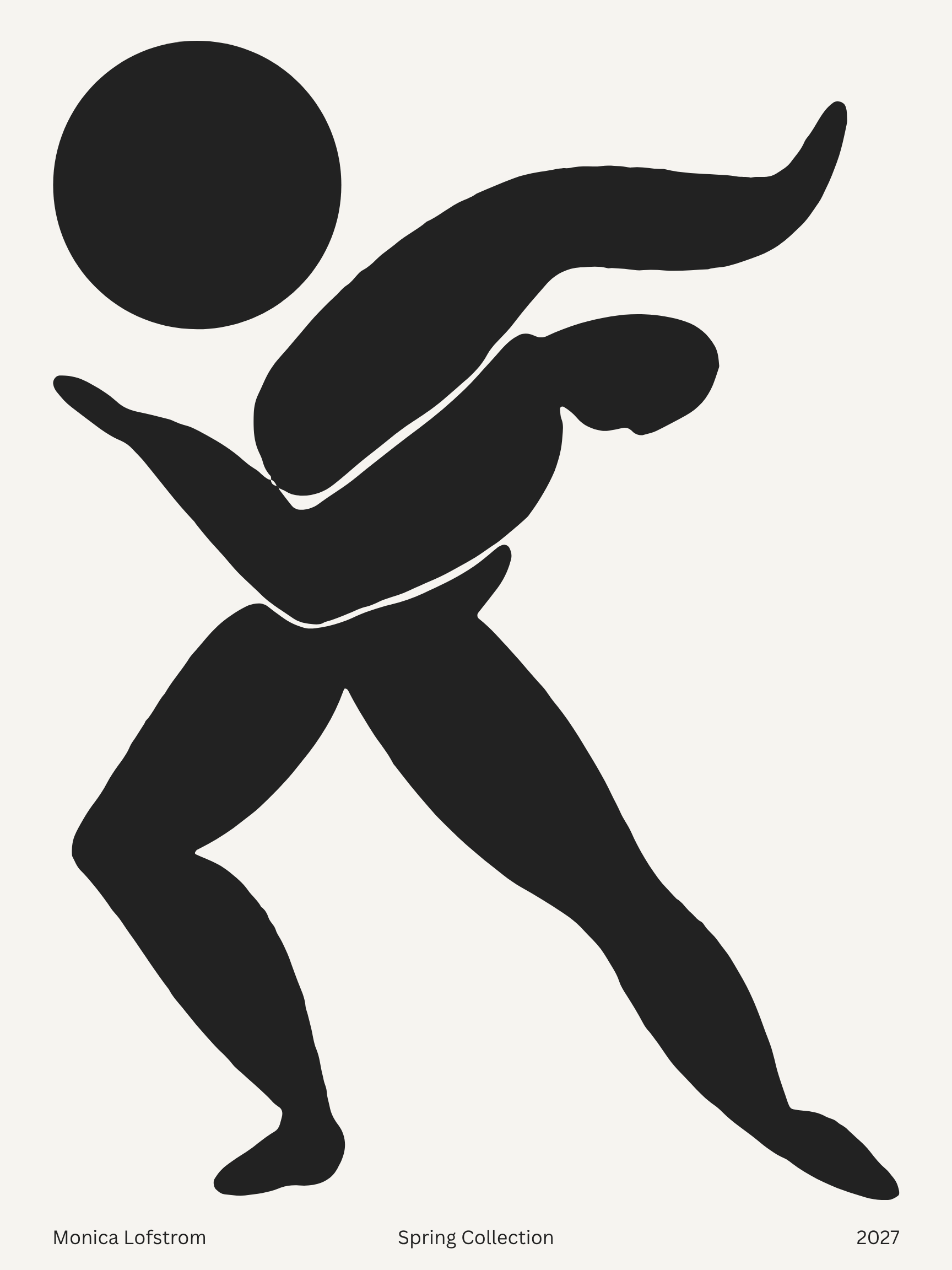A black silhouette of a person holding a ball with a raised arm and bent legs, against a light background. Text at the bottom reads: "Monica Lofstrom, Spring Collection, 2027."