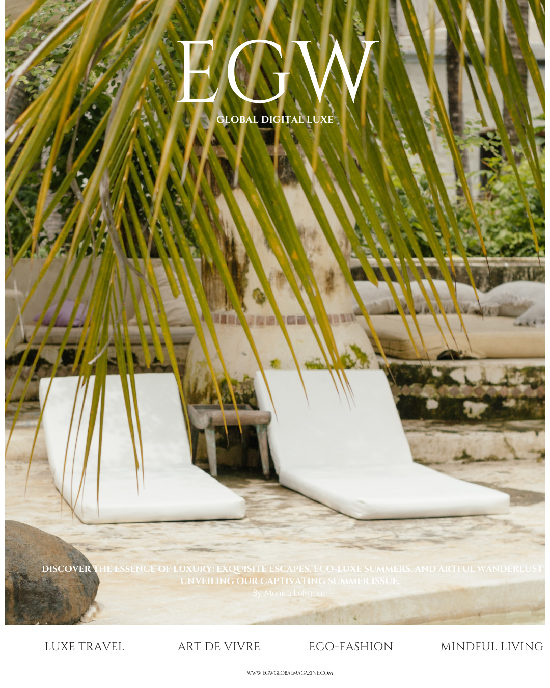Cover page of EGW magazine featuring a tropical outdoor scene with palm leaves, two white lounge chairs, and cushions in the background.