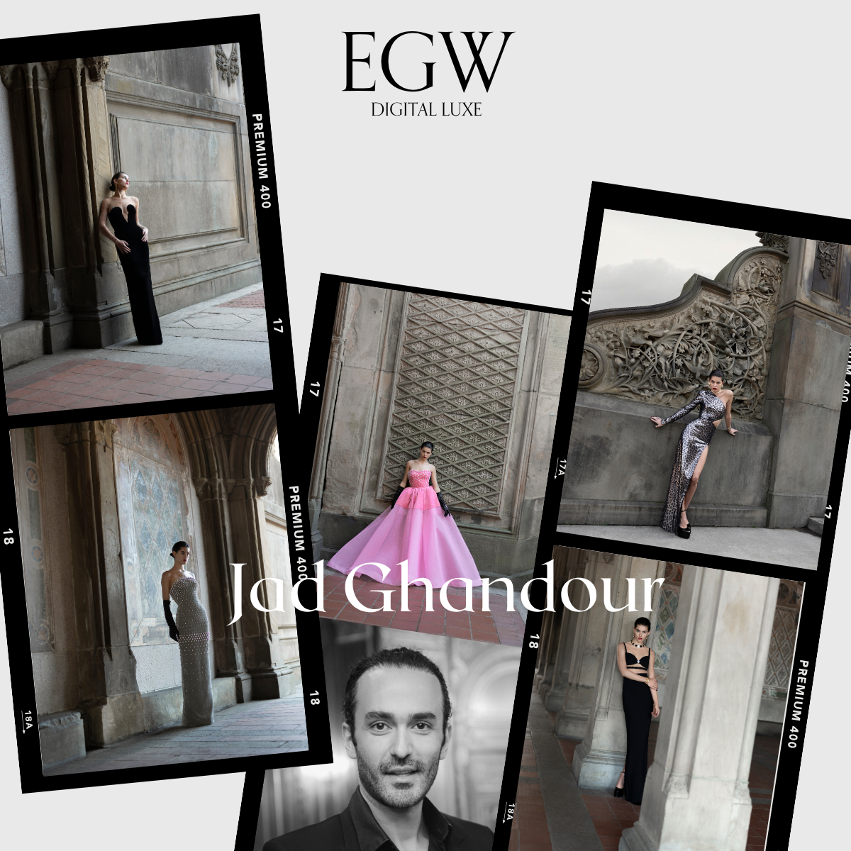 Collage of fashion photographs featuring models in elegant dresses and a male portrait, set against ornate architectural backgrounds.