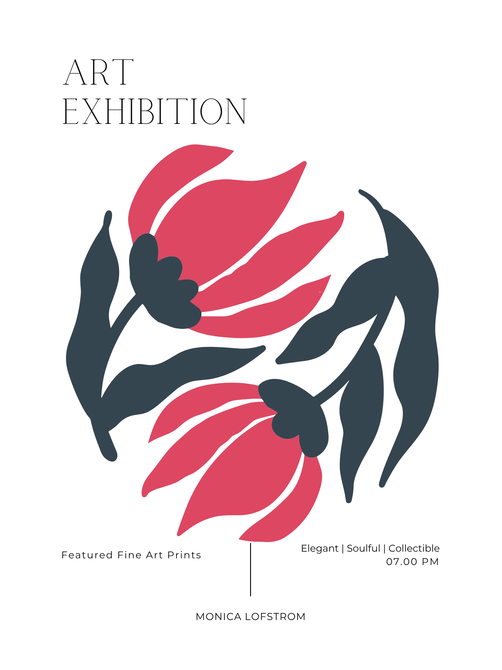 Invitation to an art exhibition with a minimalist design featuring a large stylized red flower with black hands around it. The text includes 'ART EXHIBITION', 'Featured Fine Art Prints', 'Elegant | Soulful | Collectible', and details about the event 