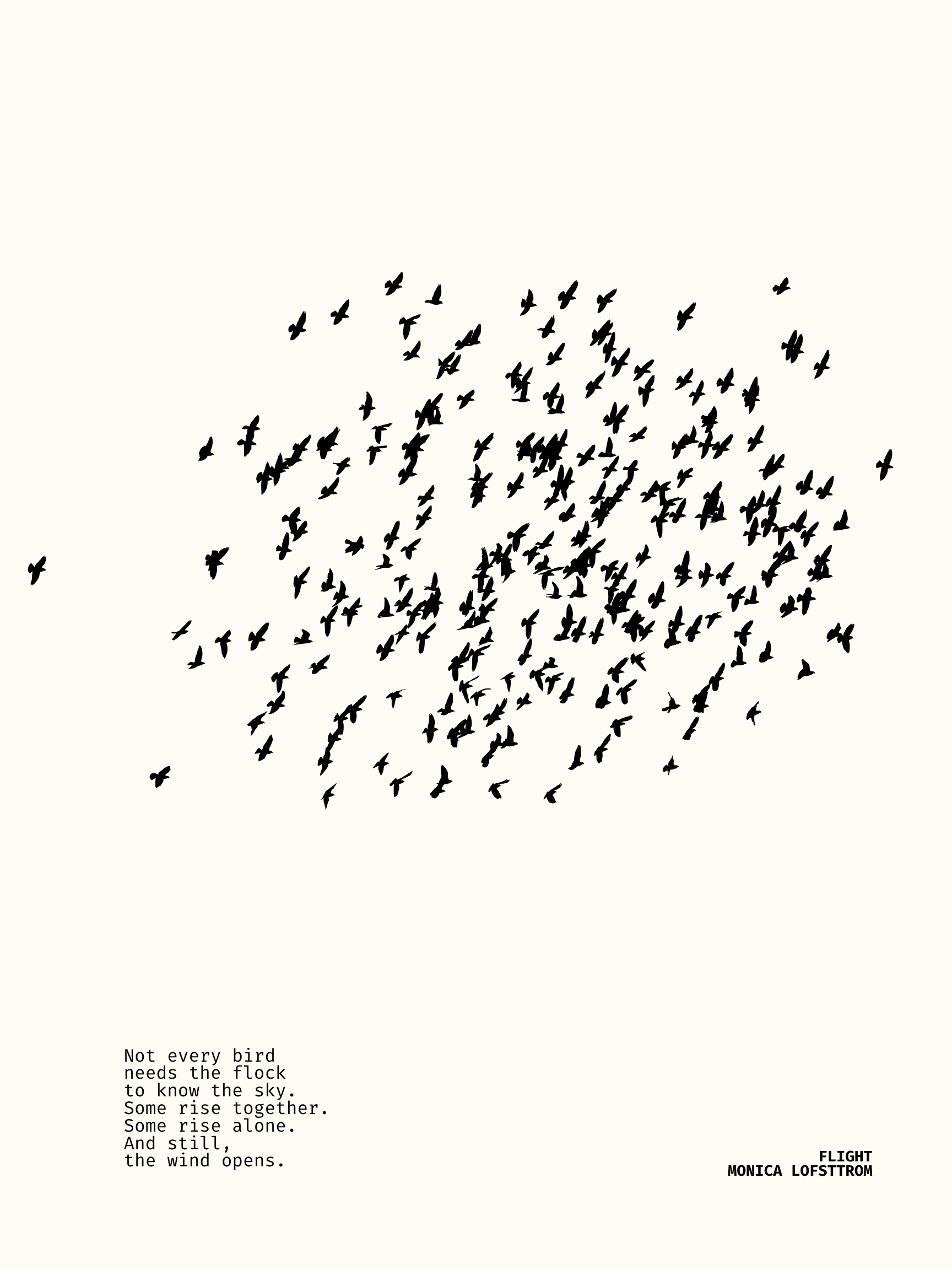 A black silhouette of a flock of birds flying across a plain background with a poem about birds and the sky written in the bottom left corner and the title 'FLIGHT' by Monica Lofstrom in the bottom right corner.