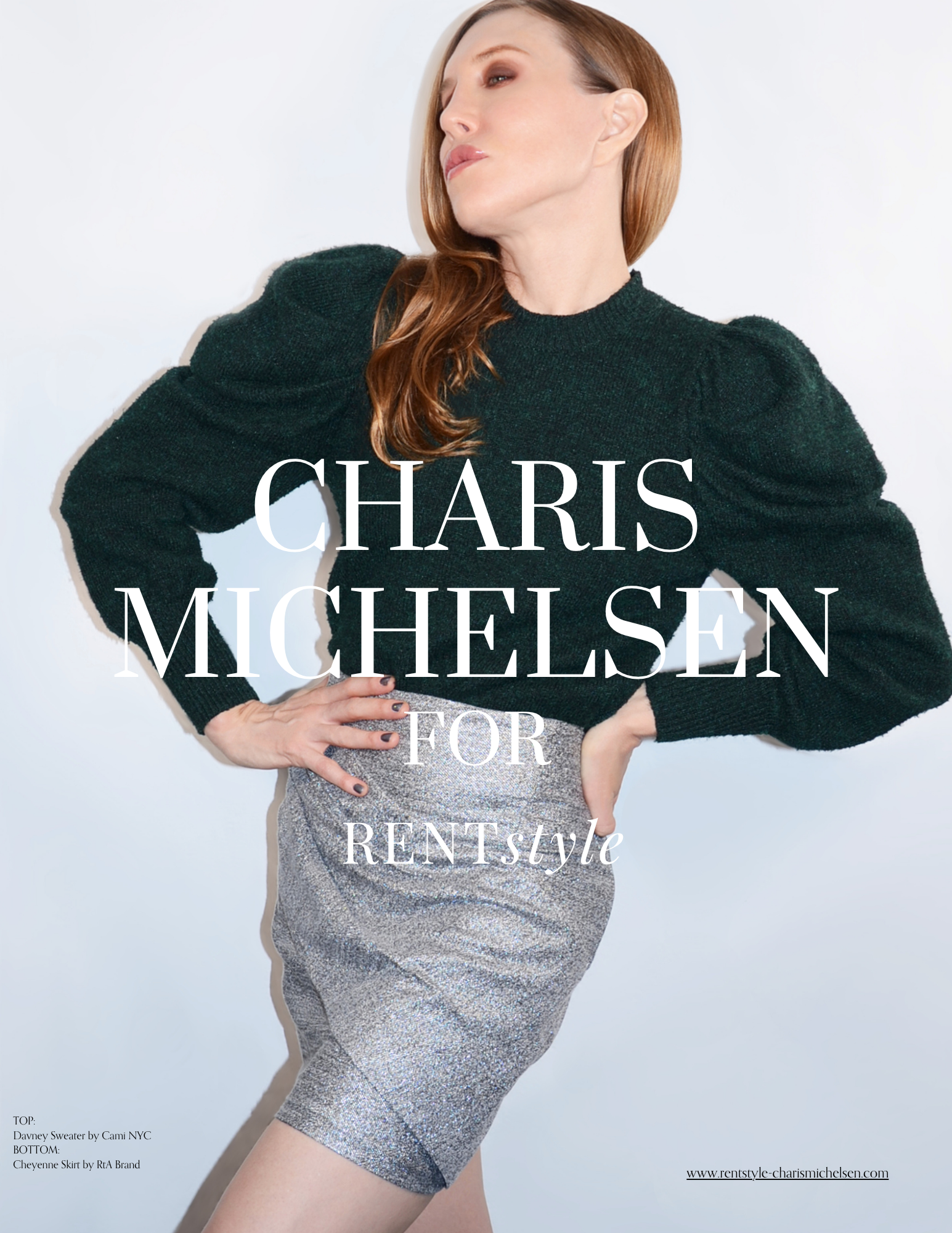 A woman with red hair styled to one side, wearing a dark green sweater with puffed sleeves and a high neckline, and a silver chevron skirt made of metallic fabric, posing against a plain white background.