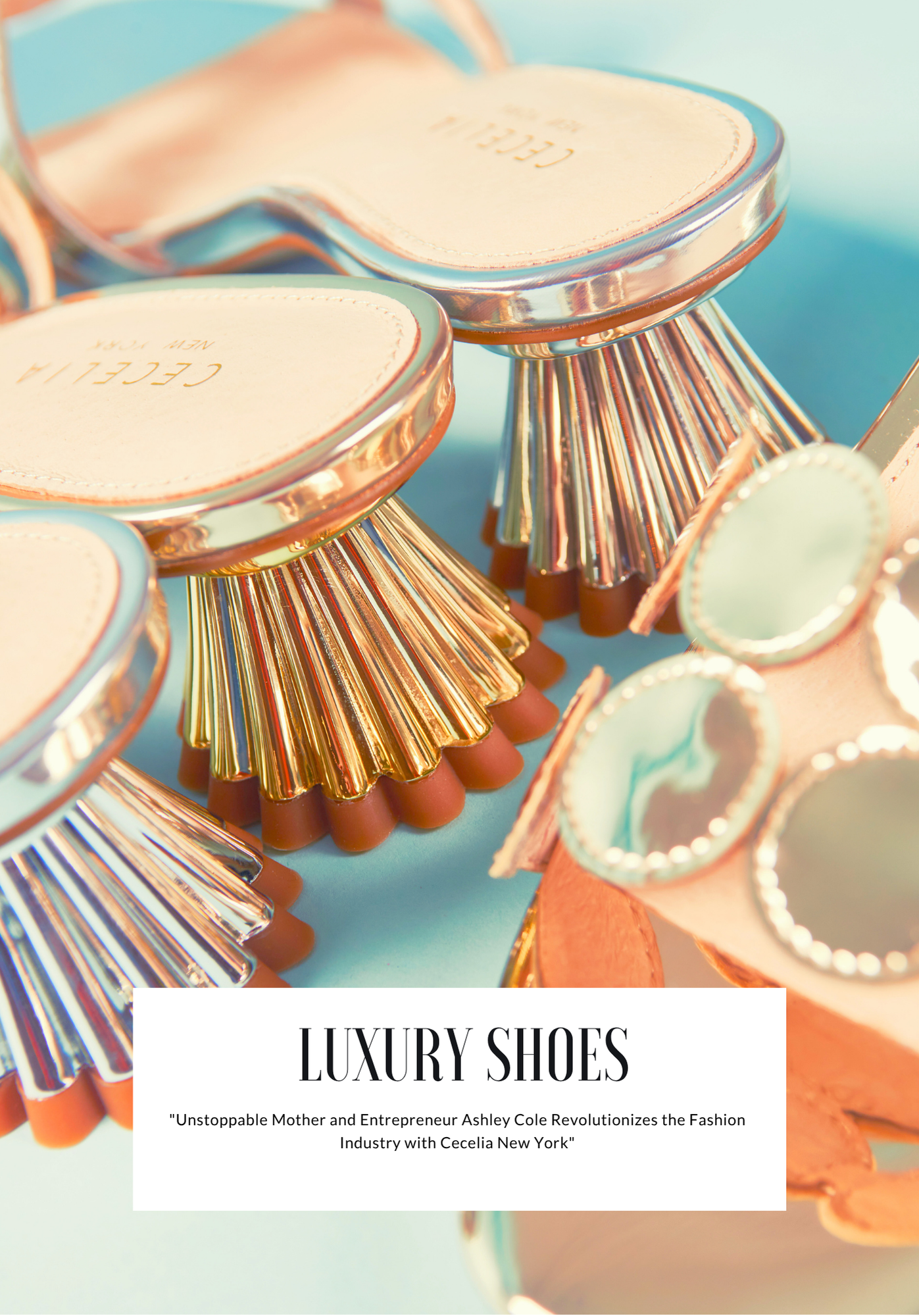 Close-up of shiny, metallic high-heeled shoes with a label that reads "Luxury Shoes" on a white background. A subtitle mentions "Unstoppable Mother and Entrepreneur Ashley Cole Revolutionizes the Fashion Industry with Cecelia New York."