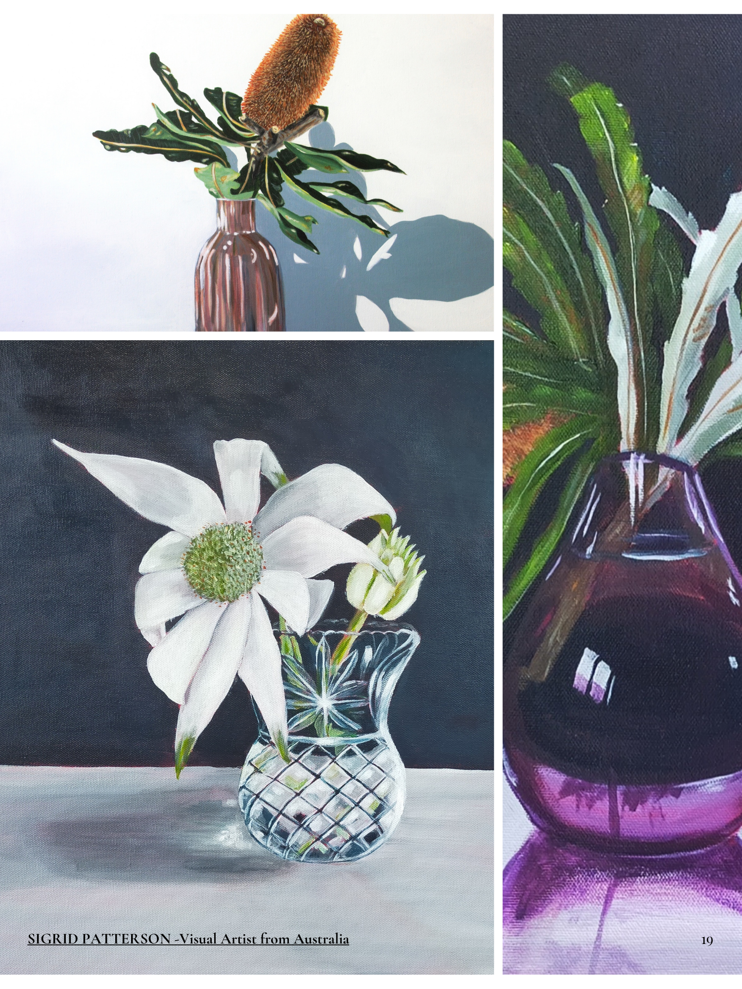 Painting of a white flower in a glass vase with a crisscross pattern, a green center, and green leaves, on a dark background with a hint of purple at the bottom.