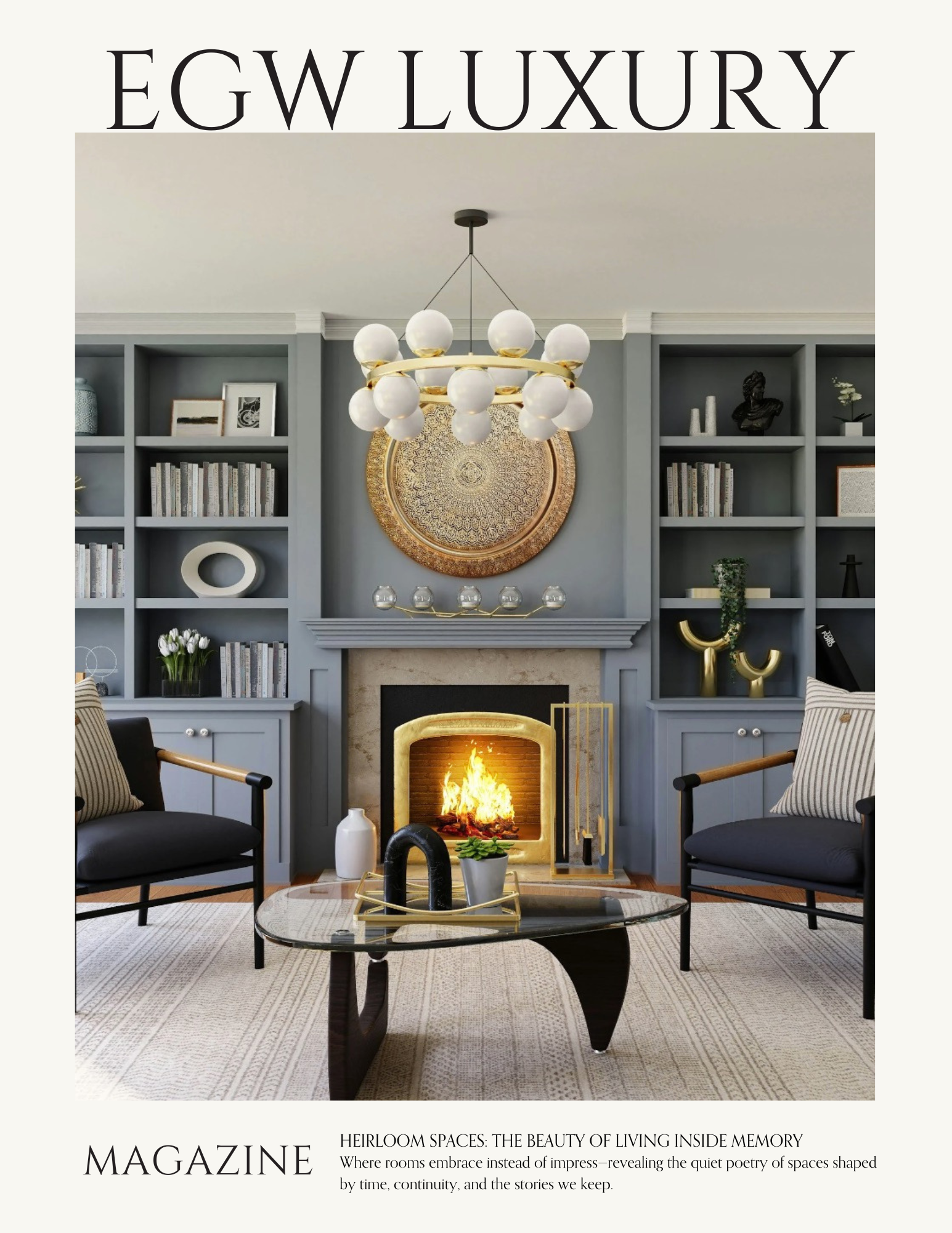 A cozy living room with a fireplace, two black armchairs with striped pillows, a marble coffee table with a black sculpture, a gold tray, and a small potted plant. Behind the fireplace, there are built-in gray bookshelves decorated with books and art