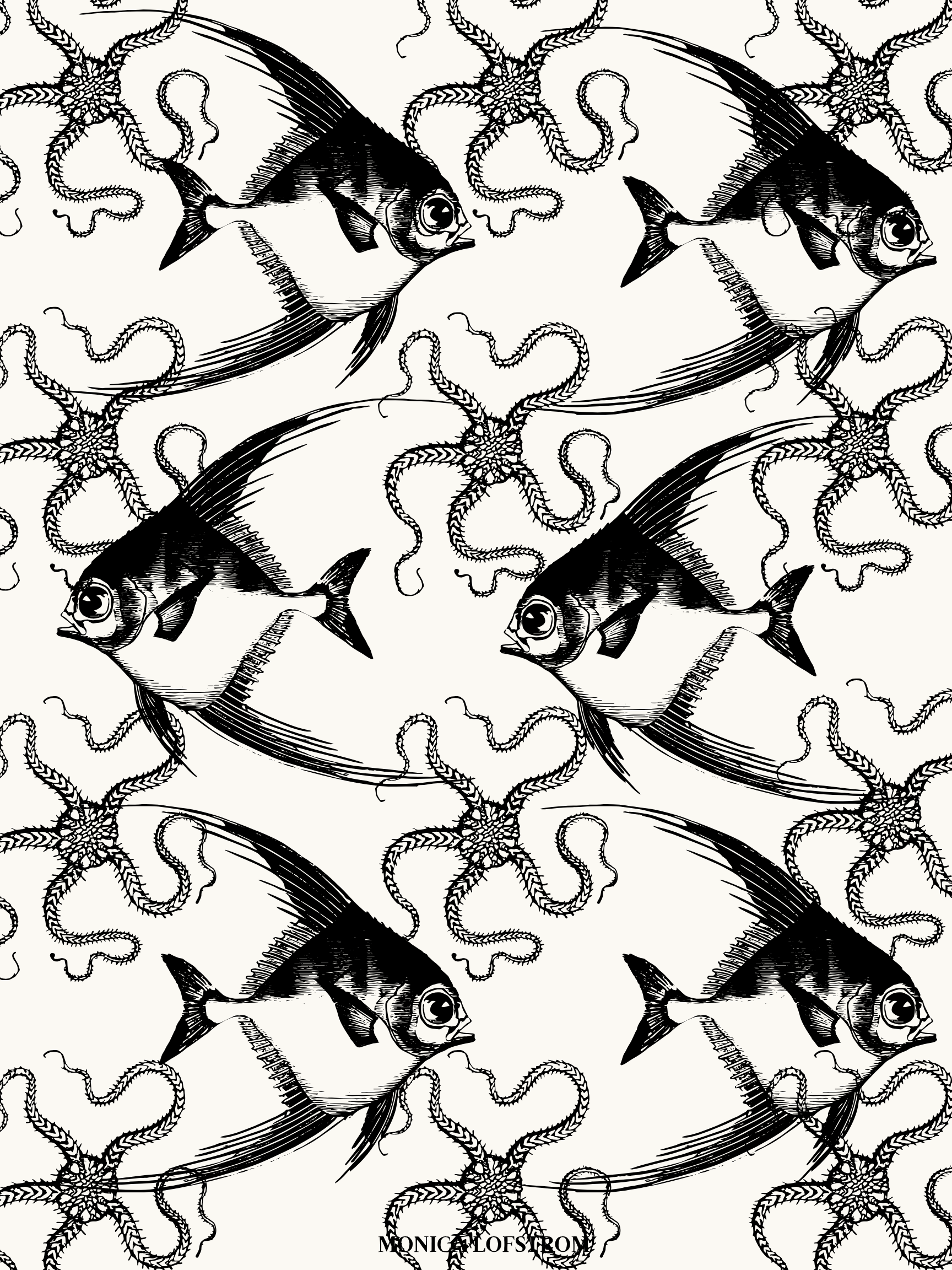 Black and white pattern featuring fish and intertwined tentacles or seaweed. The pattern repeats across the image.