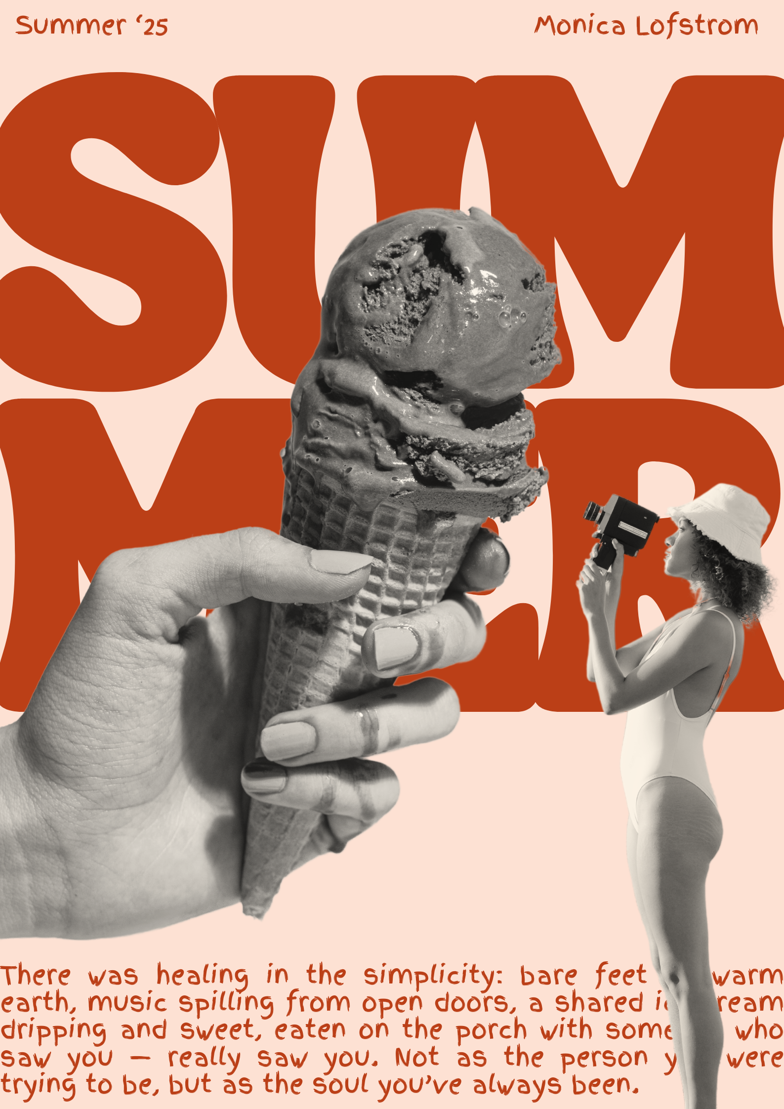 A person holding a cone with a scoop of ice cream, black and white photo style. In the background, a woman with curly hair and a hat is holding a camera, looking up. The image has a pink and orange color scheme with large brown text reading 'SUM' and