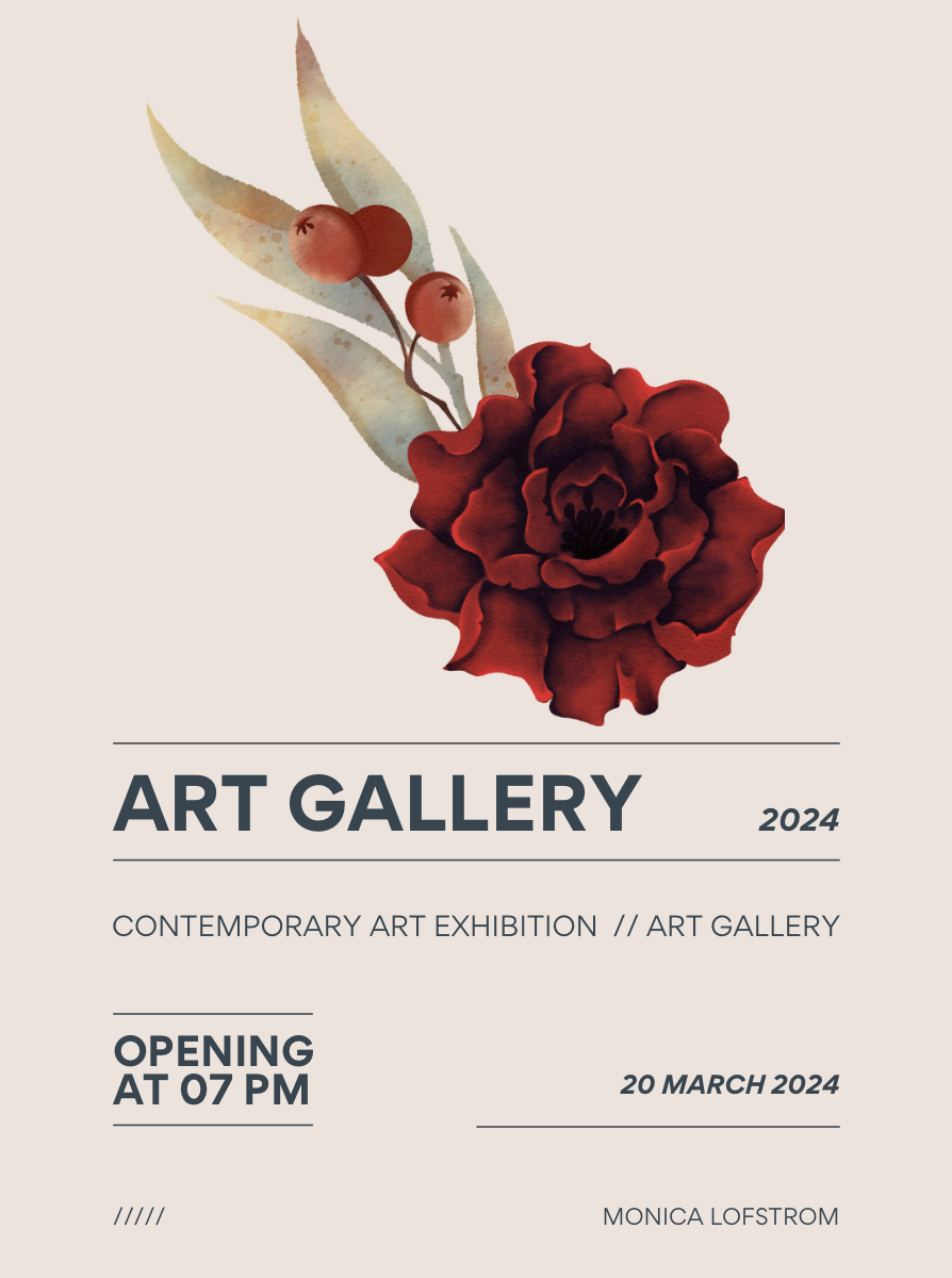 Announcement poster for an art gallery exhibition featuring a red flower and berries with leaves, text includes opening date and artist's name.